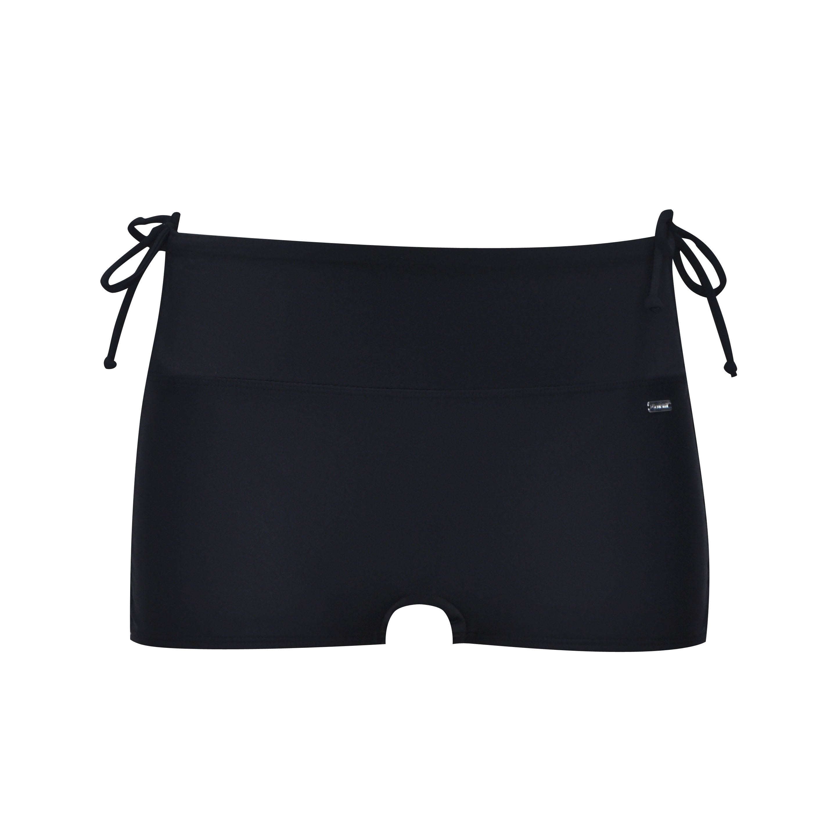 Black swim shorts with drawstring on a white background