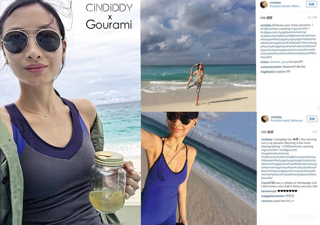 Woman in activewear by the beach, practicing yoga and running, promoting stylish swimsuits and fitness apparel