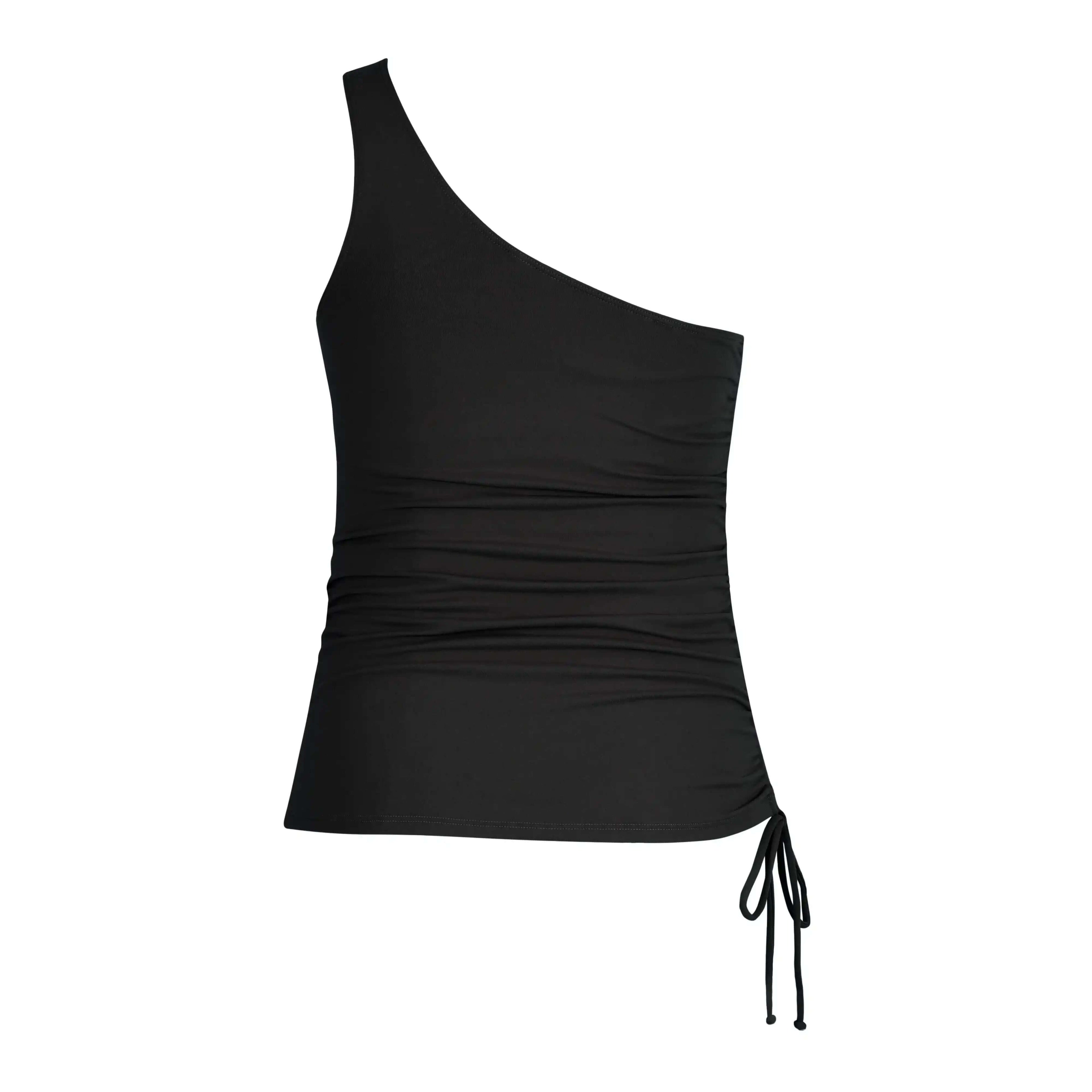 Black one-shoulder ruched tank top with drawstring side, stylish activewear