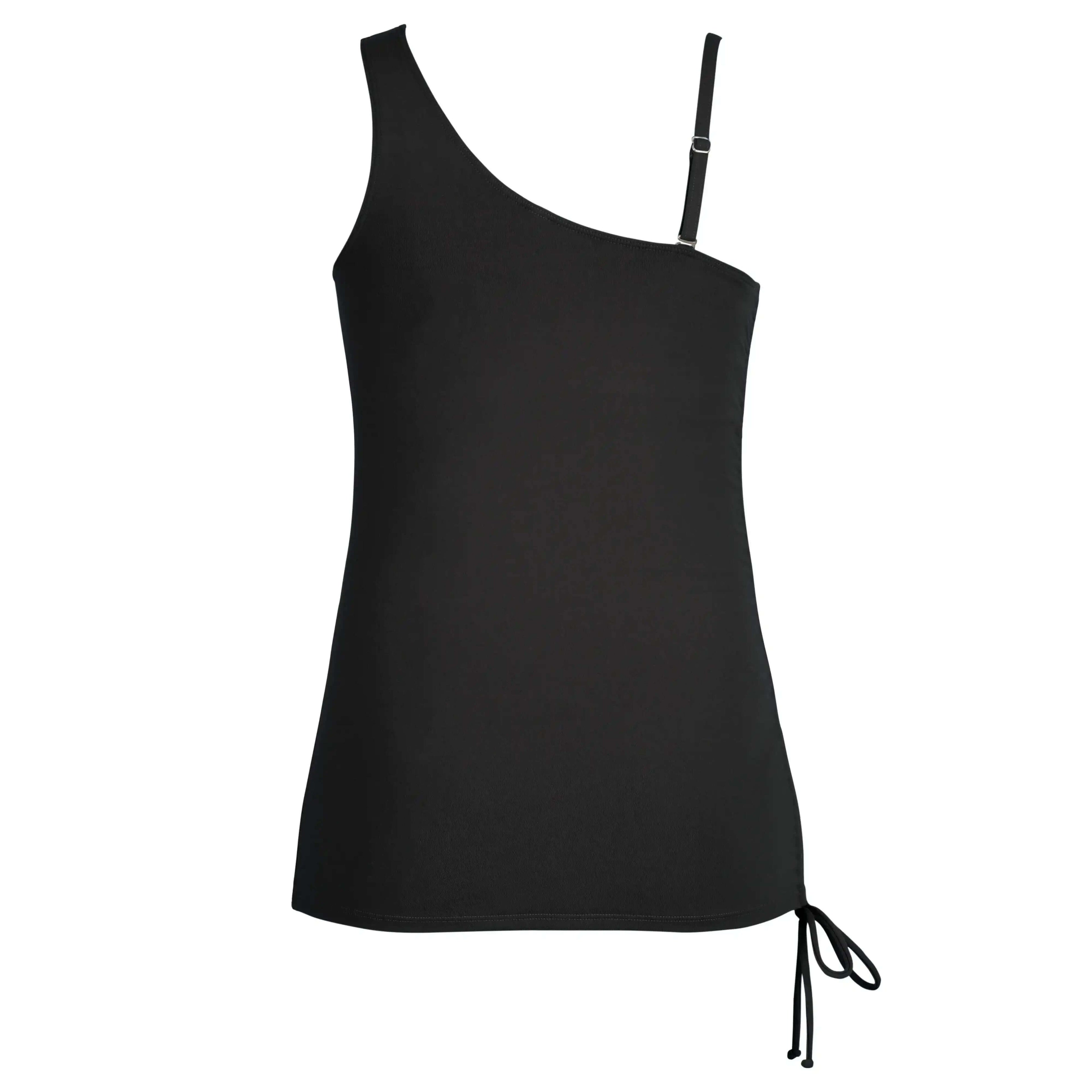 Black one-shoulder activewear tank top with adjustable strap and side tie detail