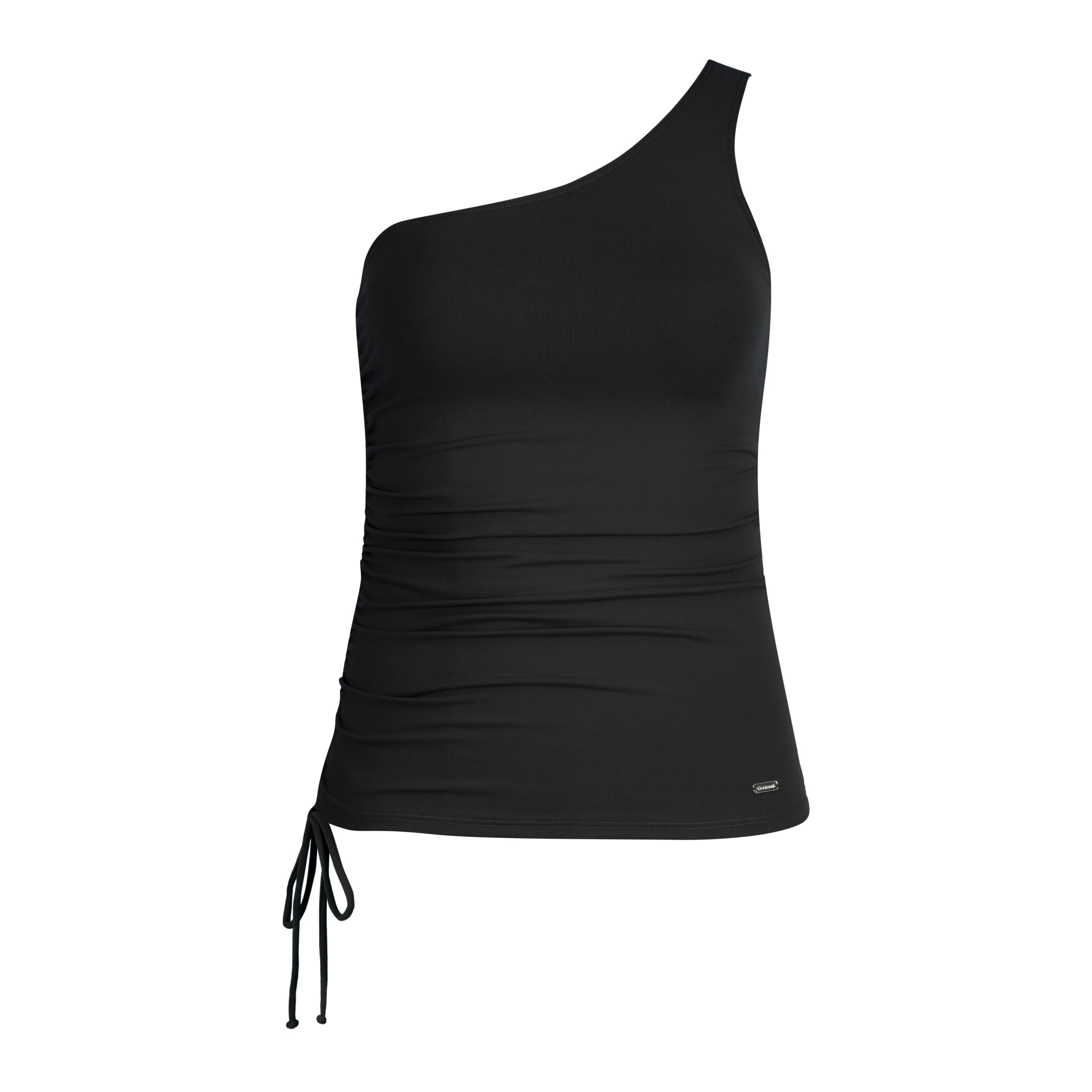 Black one-shoulder swimsuit top with ruched side and tie detail, stylish swimwear