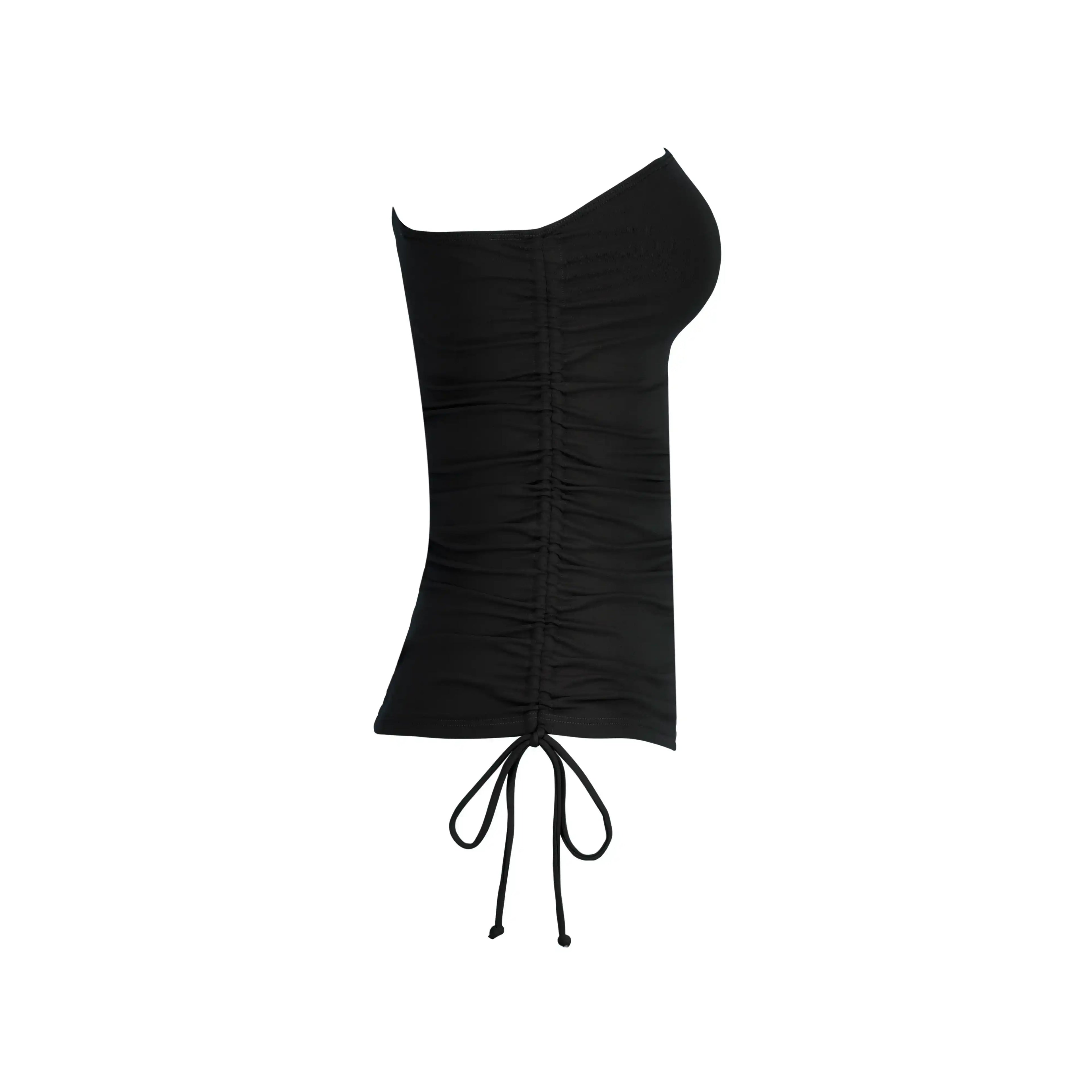 Black ruched one-shoulder swim top with adjustable front drawstring on white background