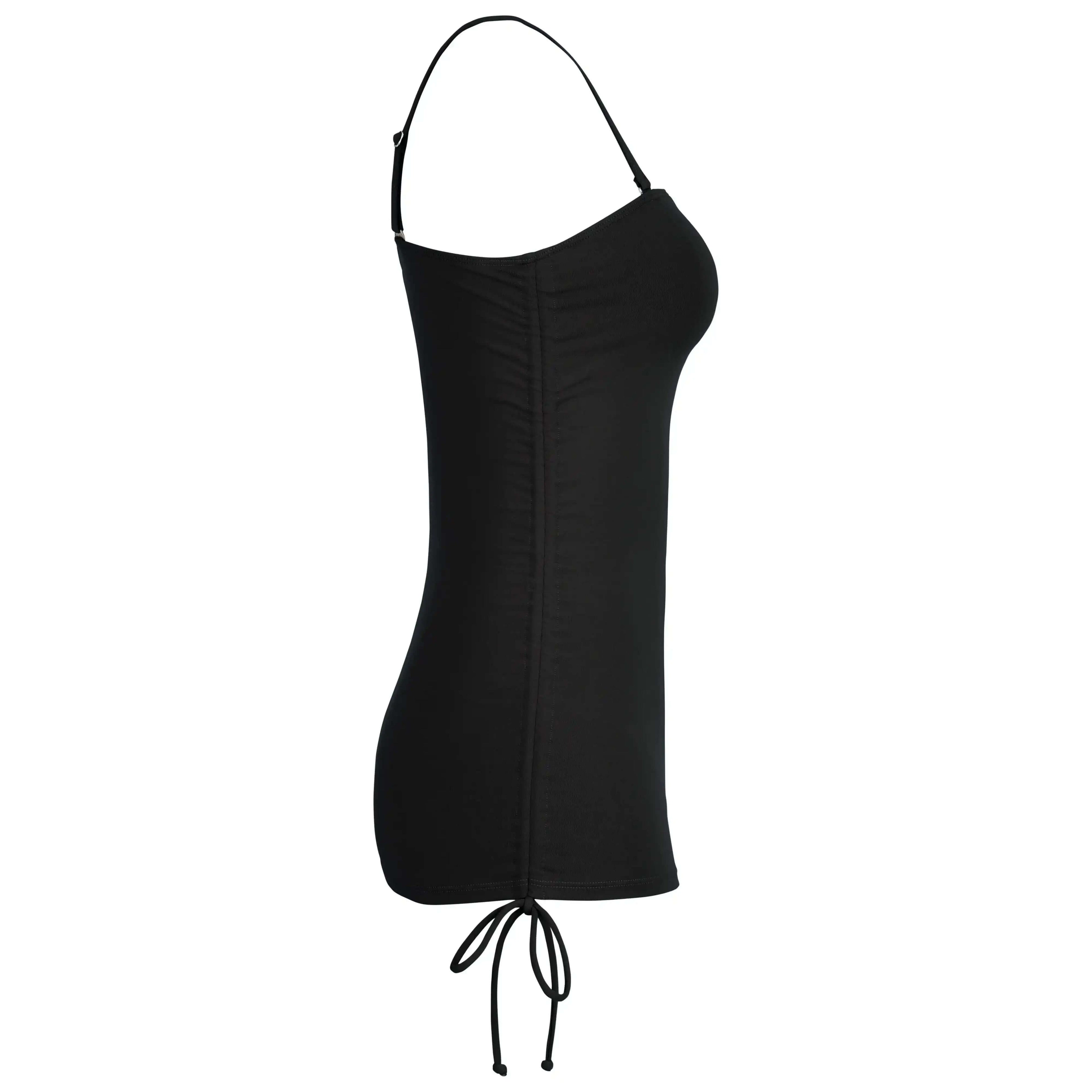 Black ruched side spaghetti strap swim dress with drawstring, side view