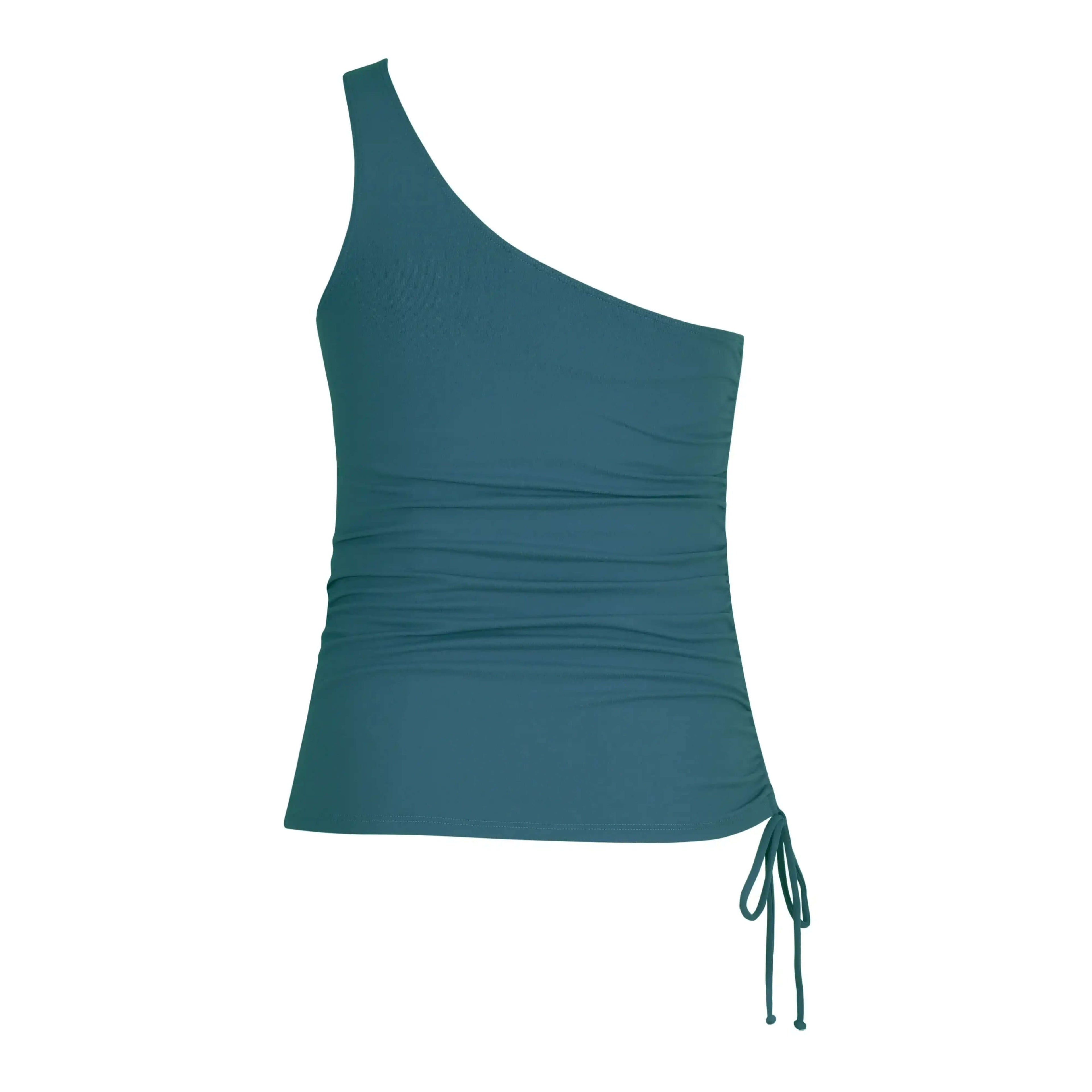 Dark green one-shoulder tankini top with ruched side and adjustable tie, swimwear.