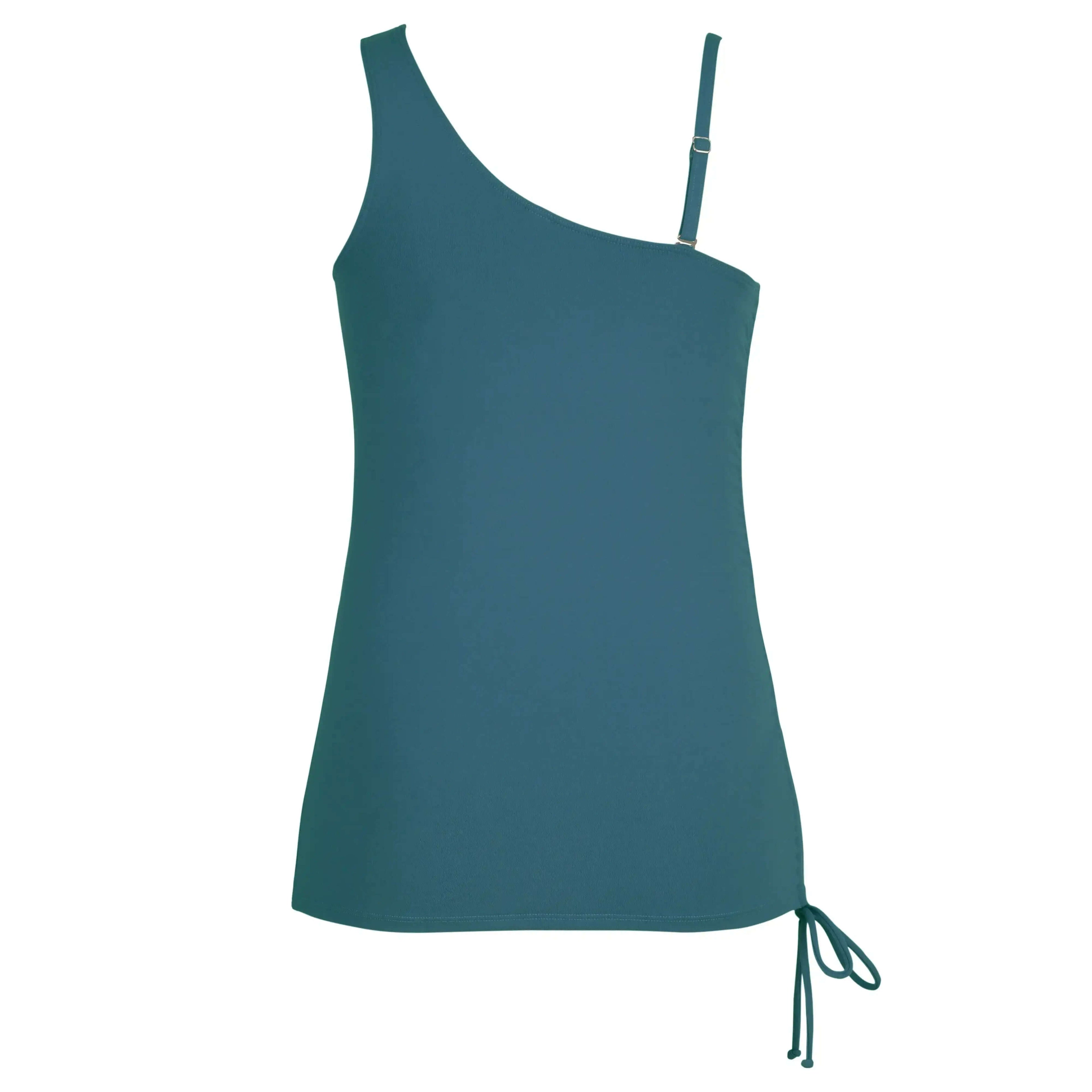 Dark green one-shoulder swimsuit top with adjustable strap and side tie detail