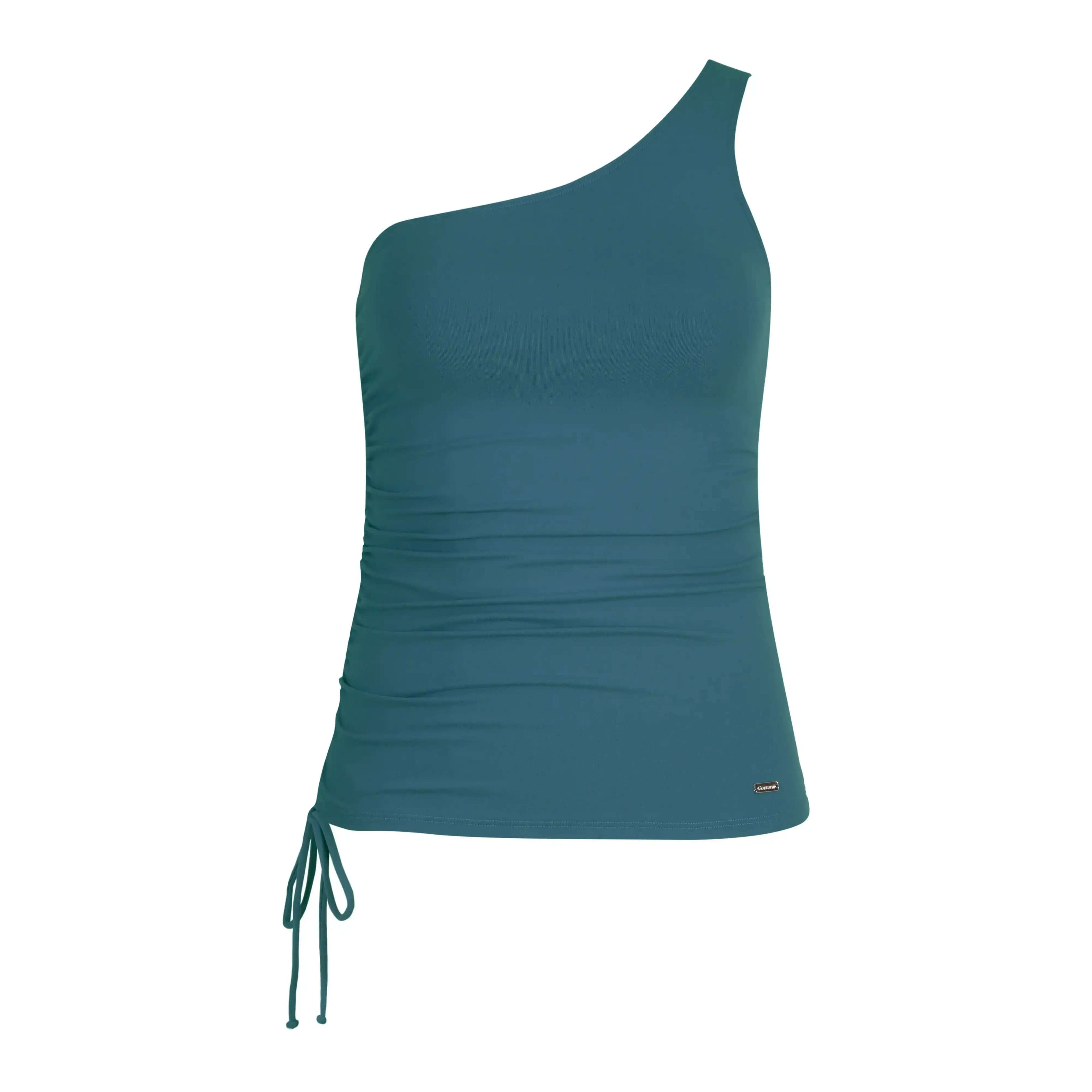 Dark green one-shoulder tankini swim top with side ruched tie detail