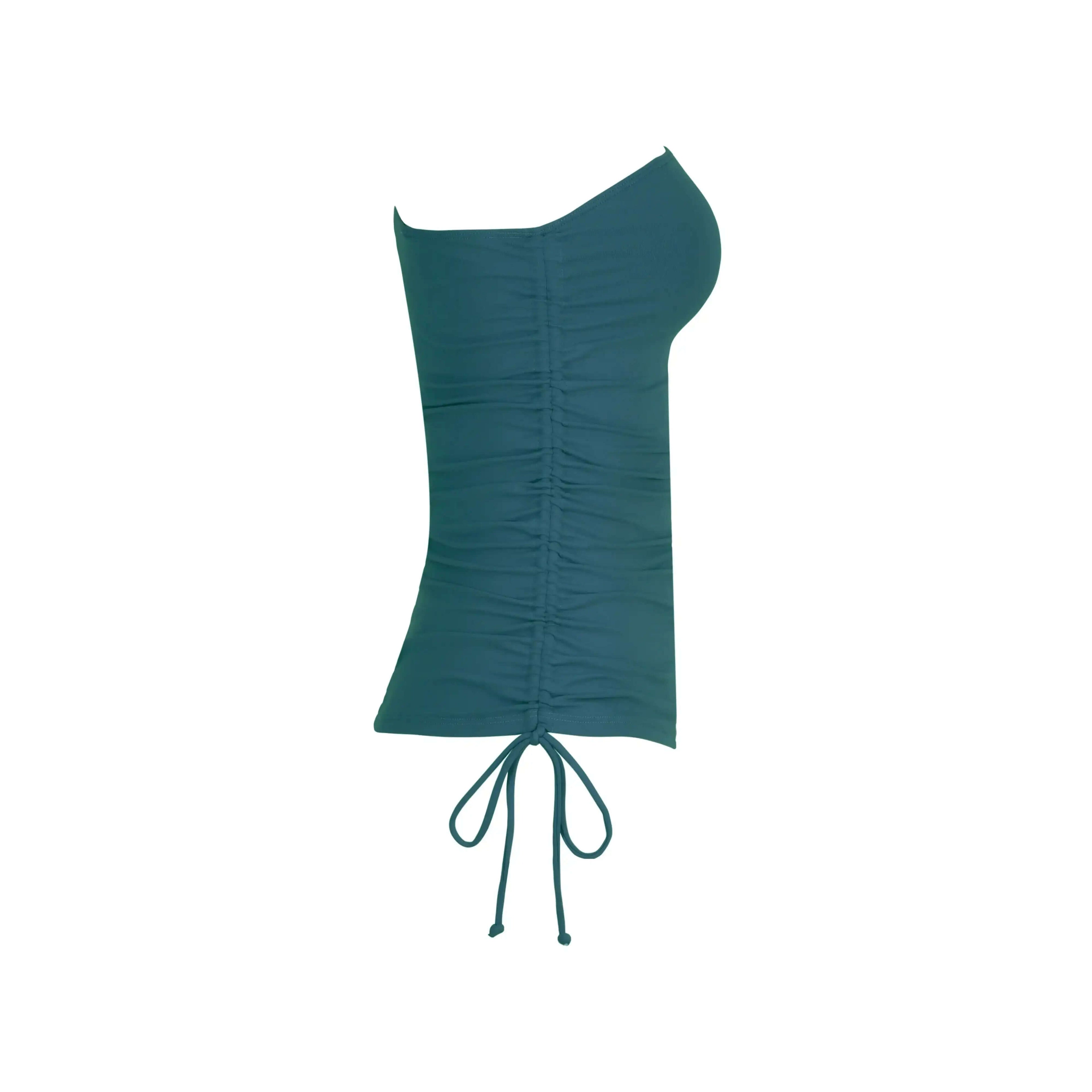 Dark green ruched activewear tank top with adjustable drawstring side.