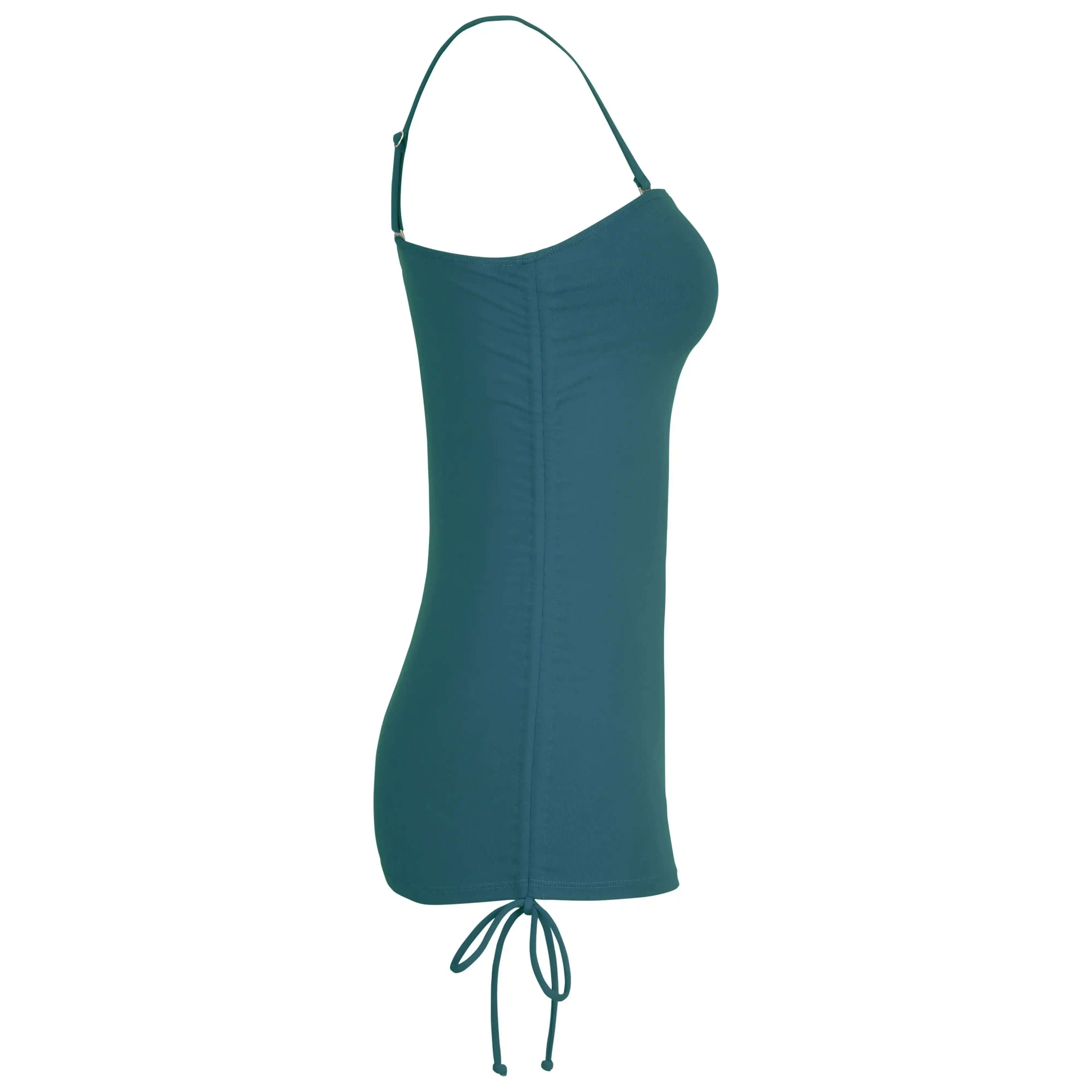 Dark green ruched one-piece swimsuit with spaghetti straps and adjustable side ties