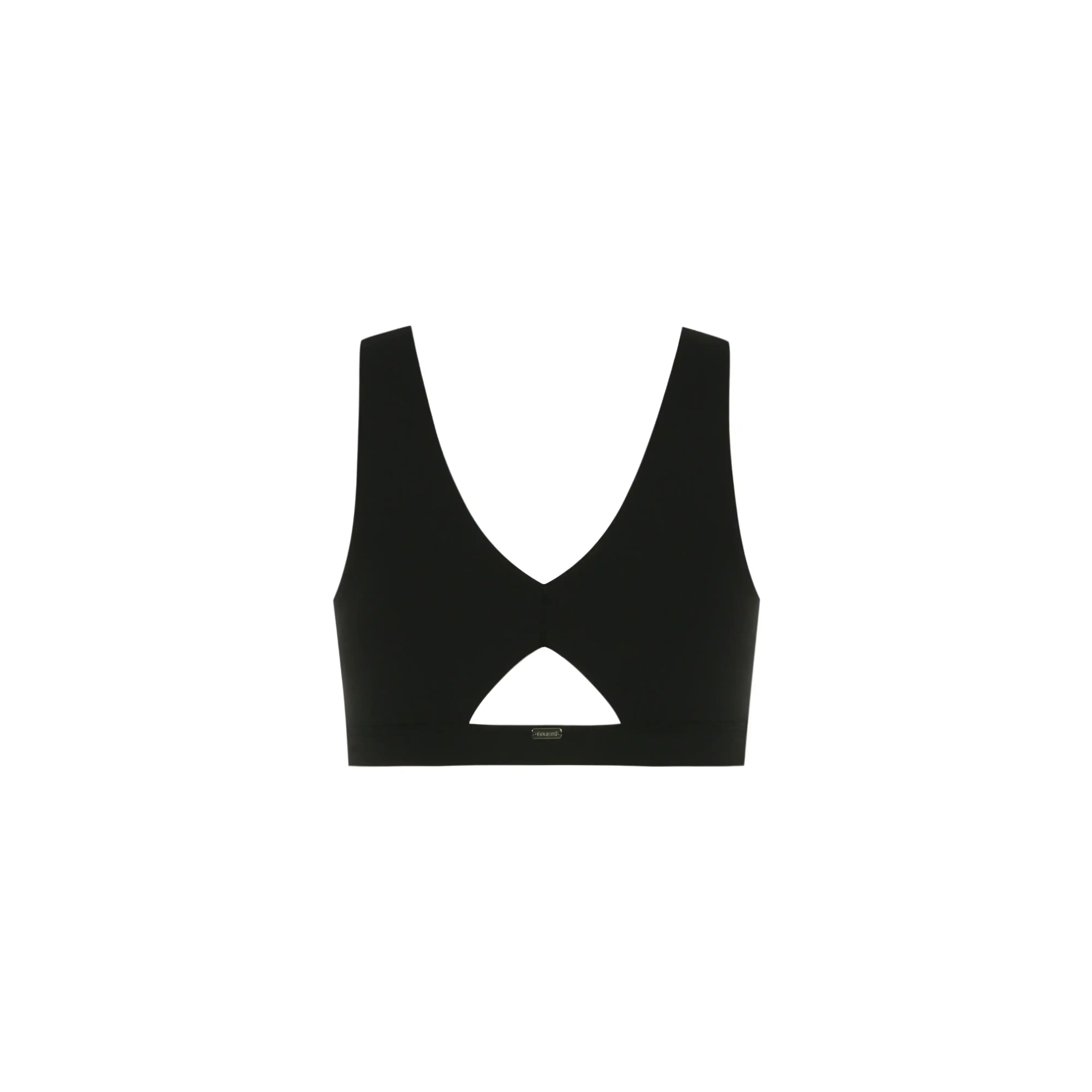 Black sports bra with V-back and keyhole cutout, activewear top on white background