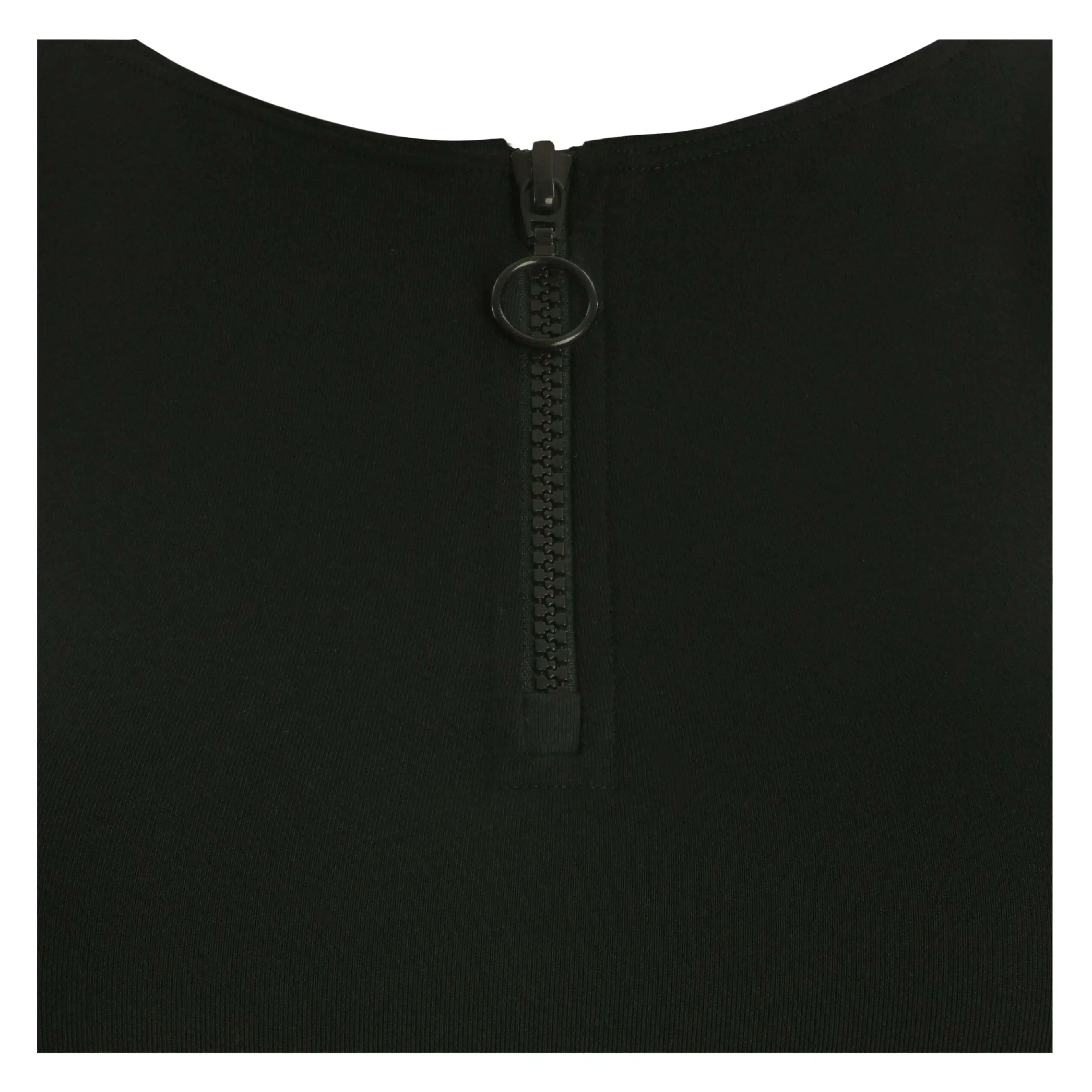 Close-up of black activewear fabric with a zipper and round pull tab