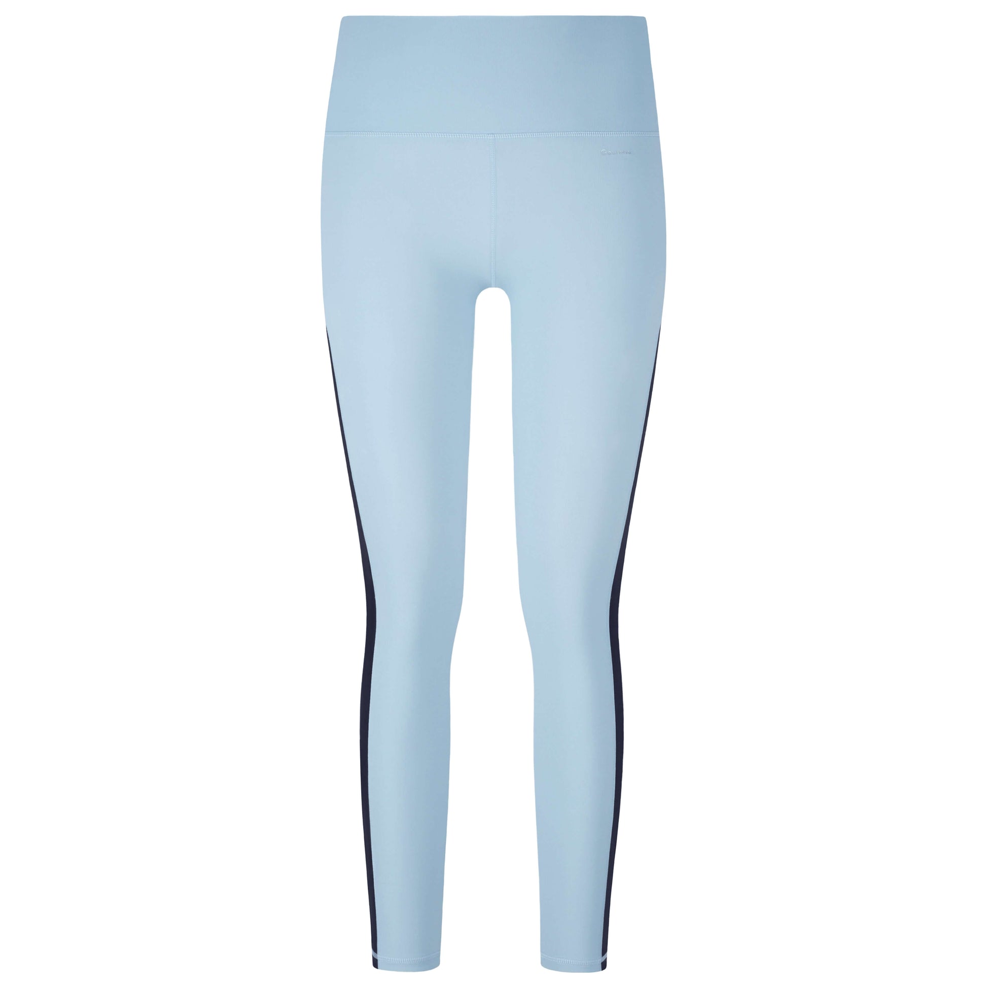 Stylish impact legging in light blue with black side stripes for active comfort and performance.