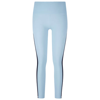 Stylish impact legging in light blue with black side stripes for active comfort and performance.
