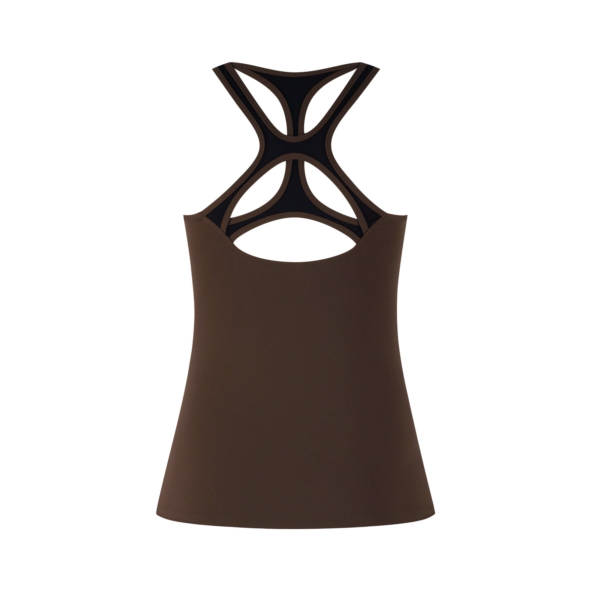 Impact Tank Top in brown with stylish black crossover straps for a sporty look and comfortable fit.