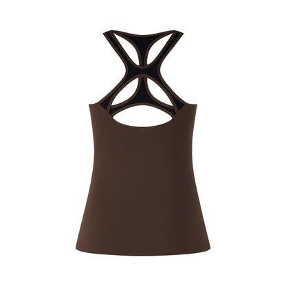 Impact Tank Top in brown with stylish black crossover straps for a sporty look and comfortable fit.