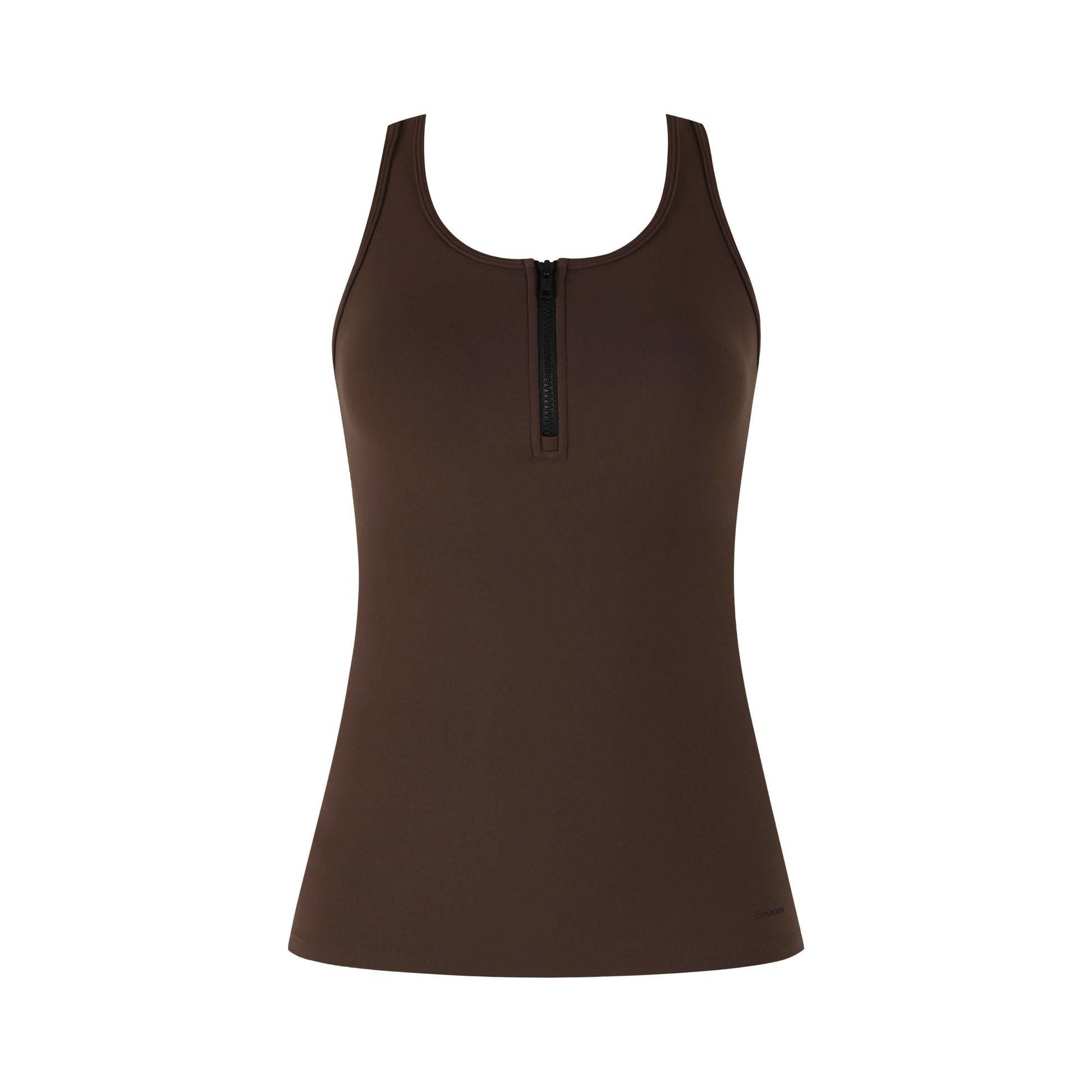 Impact Tank Top in dark brown color with a front zipper, perfect for activewear and comfortable workouts.