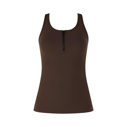 Impact Tank Top in dark brown color with a front zipper, perfect for activewear and comfortable workouts.