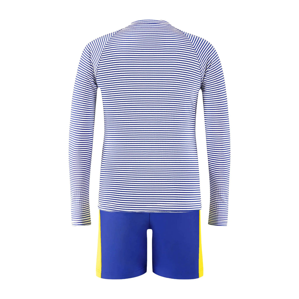 Candy Stripe Boys Rashguard Set featuring long-sleeve striped top and blue shorts with yellow highlights.
