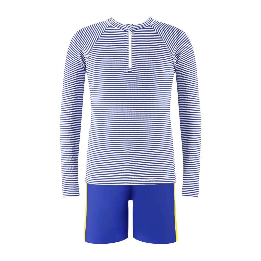 Candy Stripe Boys Rashguard Set featuring a striped long-sleeve top and blue swim shorts for kids.