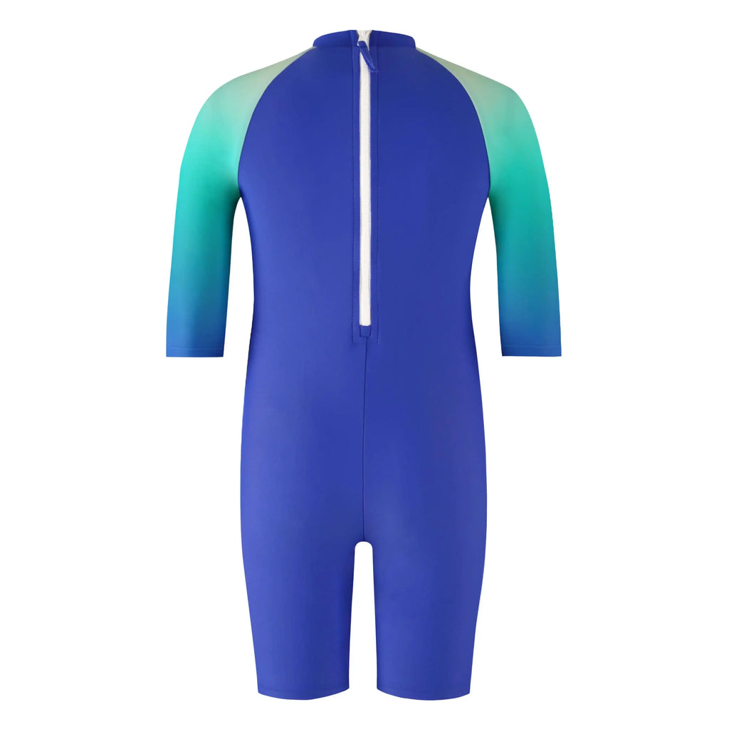 Tide Kids Sunsuit in vibrant blue with green gradient sleeves, designed for sun protection and comfort.