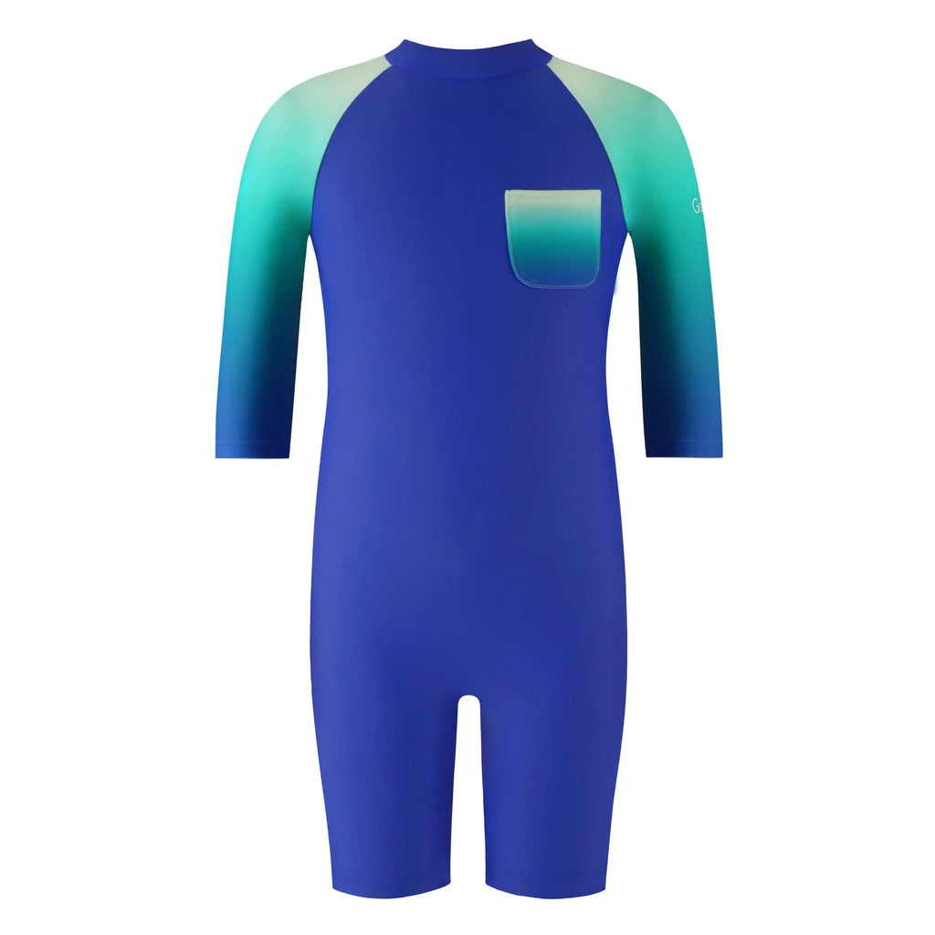 Tide Kids Sunsuit in blue with green accents, perfect for sun protection during water activities.