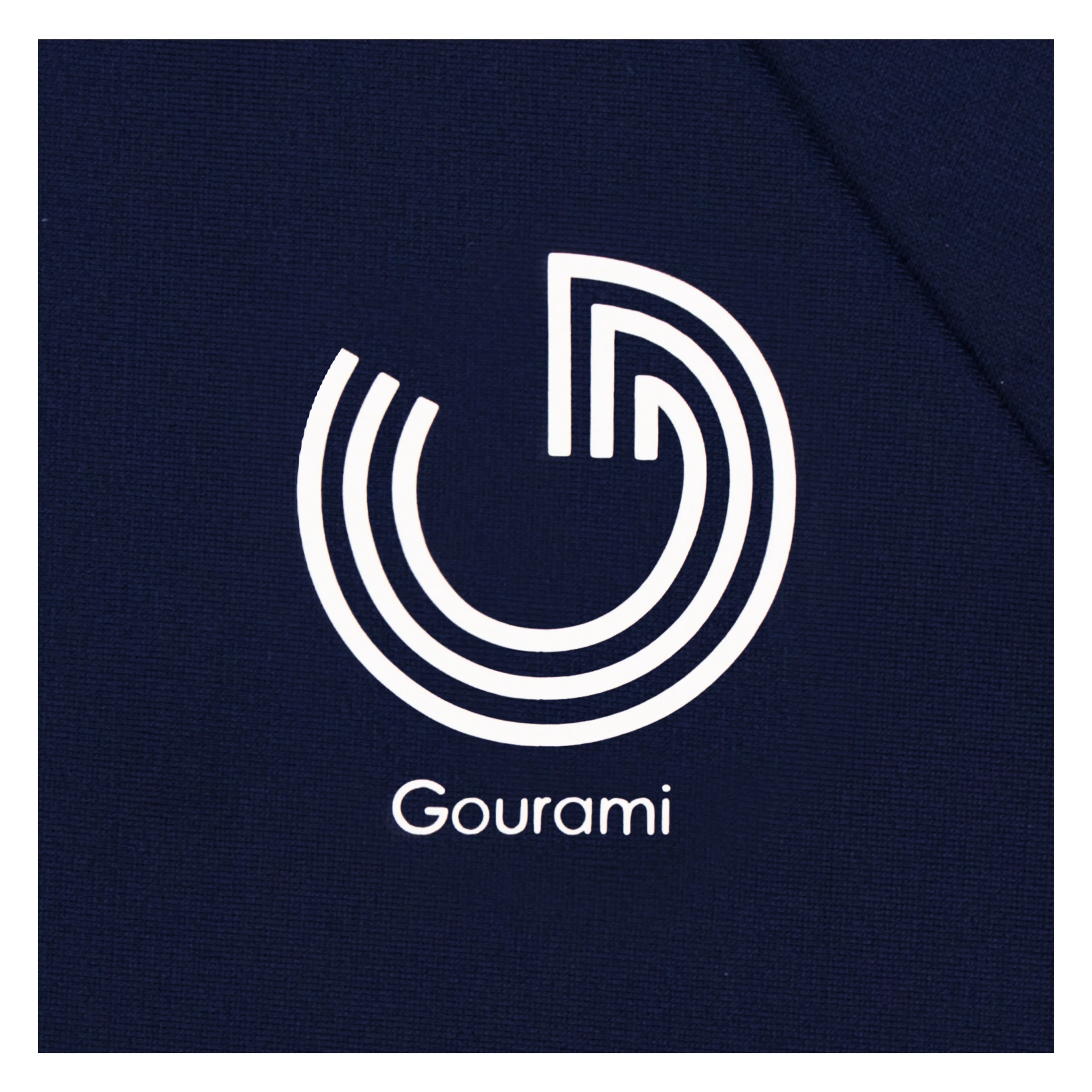 White geometric logo and Gourami text on navy blue activewear fabric
