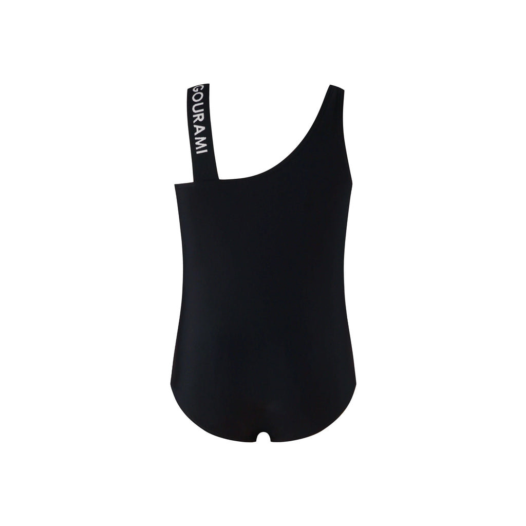 Gourami Band Girls Swimsuit in black with stylish one-shoulder design and logo strap.