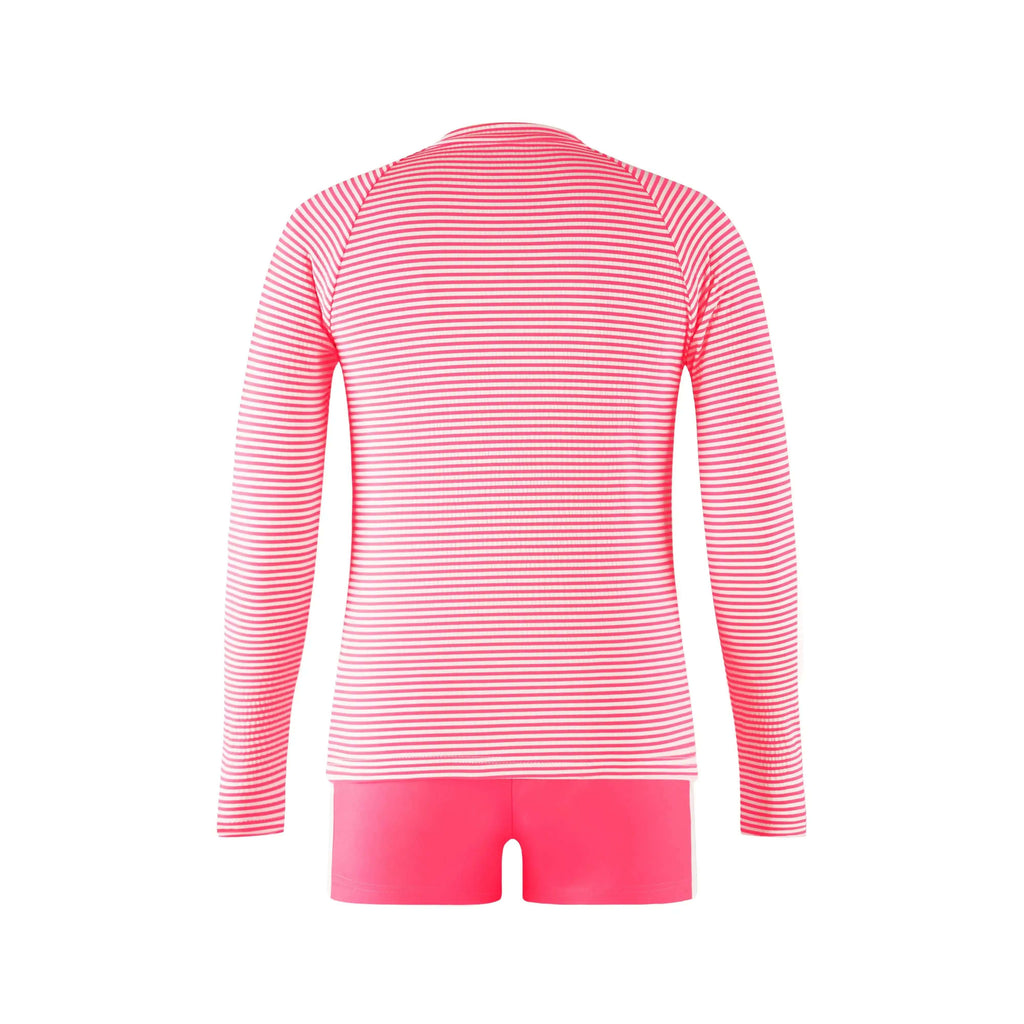 Back view of Candy Stripe Girls Rashguard Set featuring pink and white stripes.