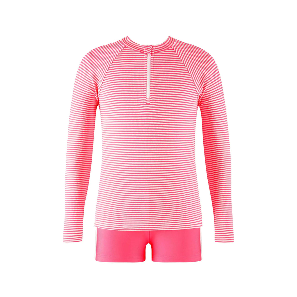 Candy Stripe Girls Rashguard Set featuring a pink striped long-sleeve top and matching shorts.
