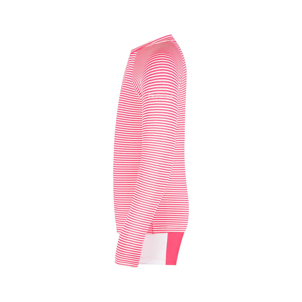粉白条纹糖果条纹女孩Rashguard Set的侧视图。