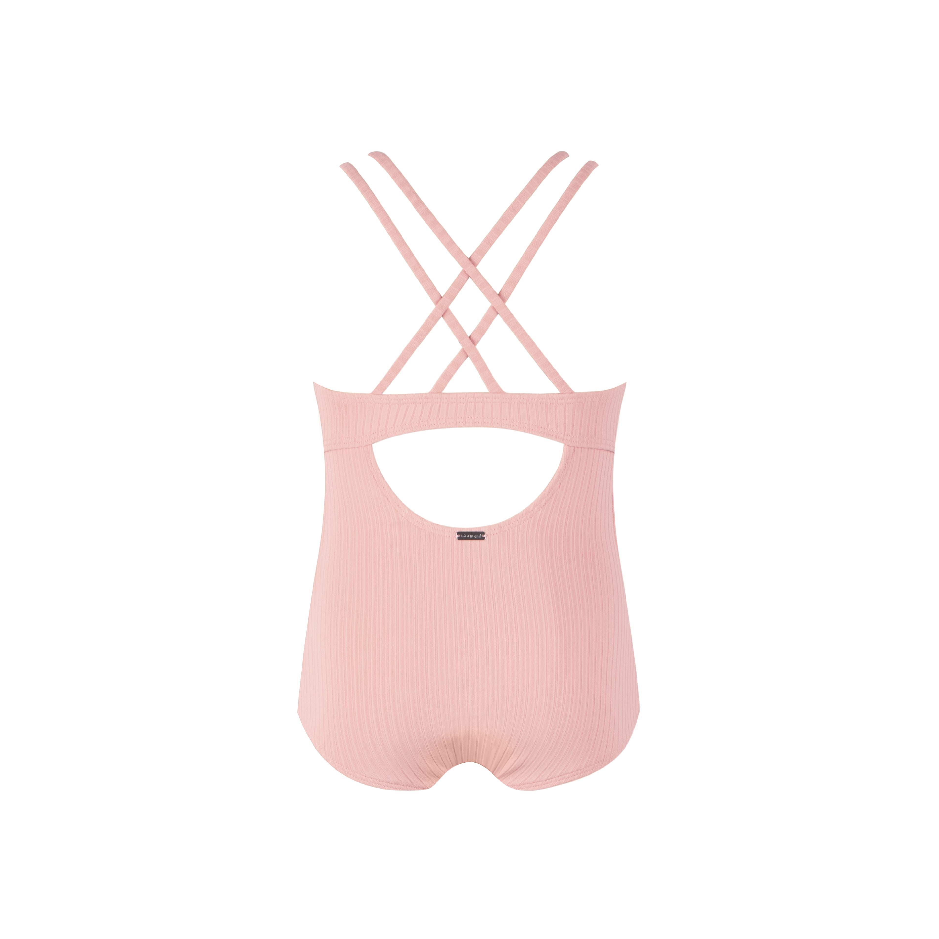 Back view of Figuration Girls Swimsuit with crisscross straps in soft pink color.