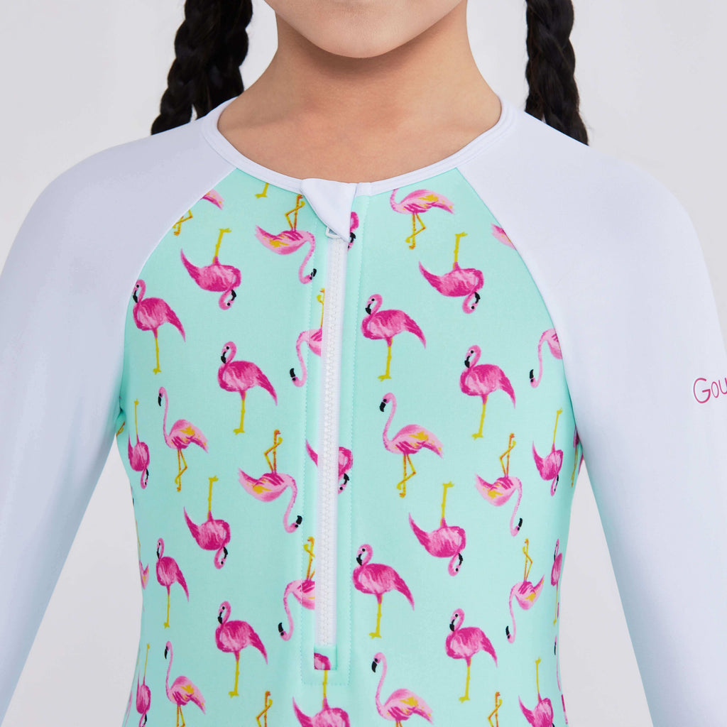 Flamingo print swimwear with white sleeves and front zipper, designed for active movement.