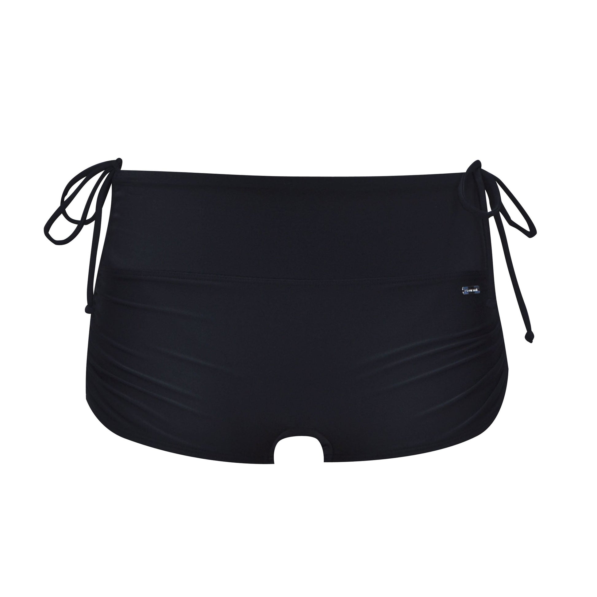 Black swim shorts with drawstrings on a white background