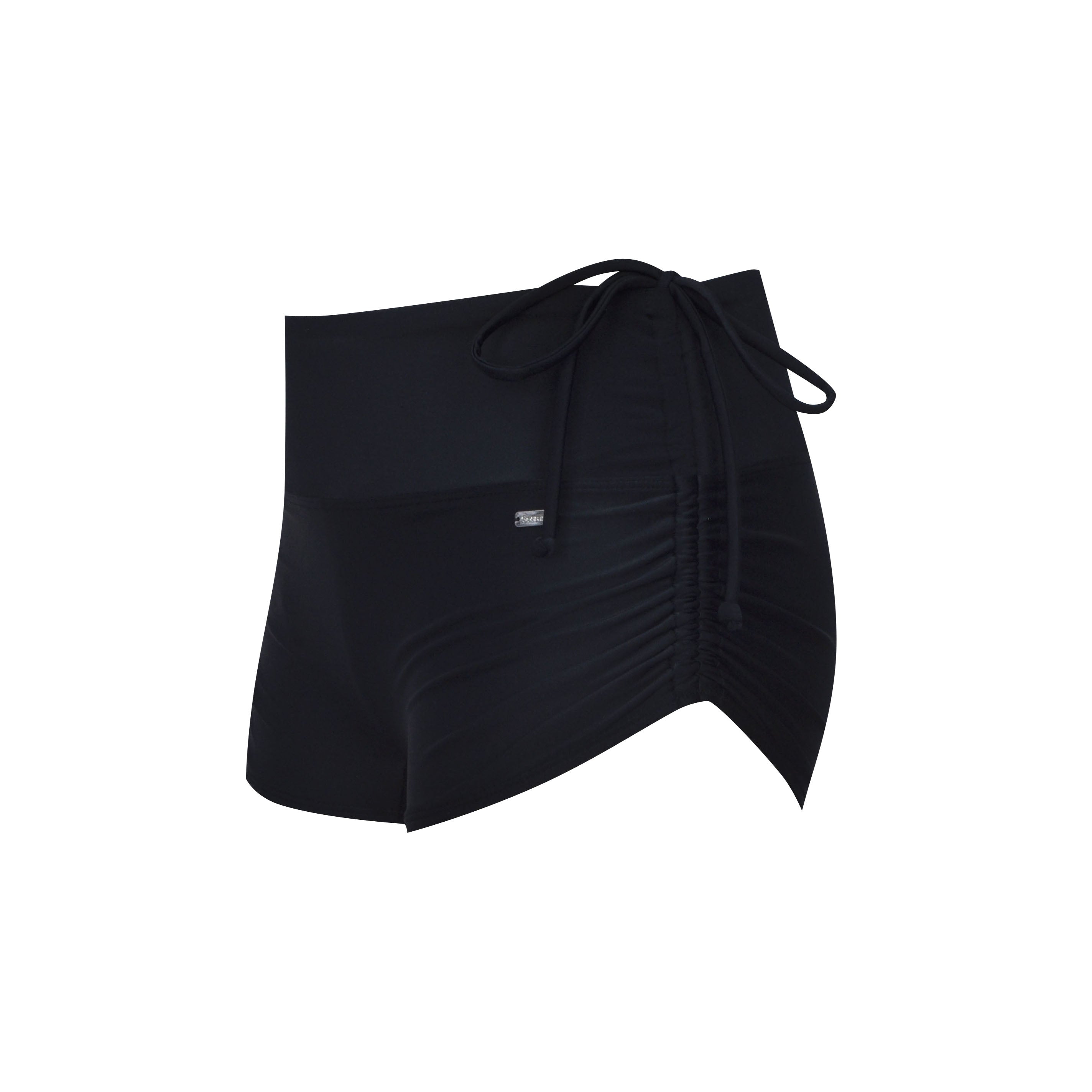 Black swimsuit bottom with a tie detail on a white background