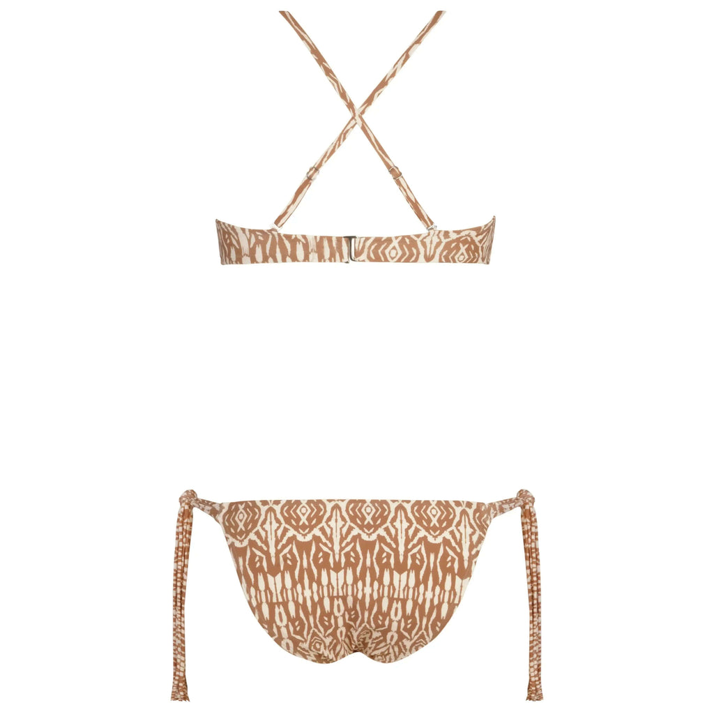 Back view of brown and white patterned bikini set with crisscross straps and tie sides.