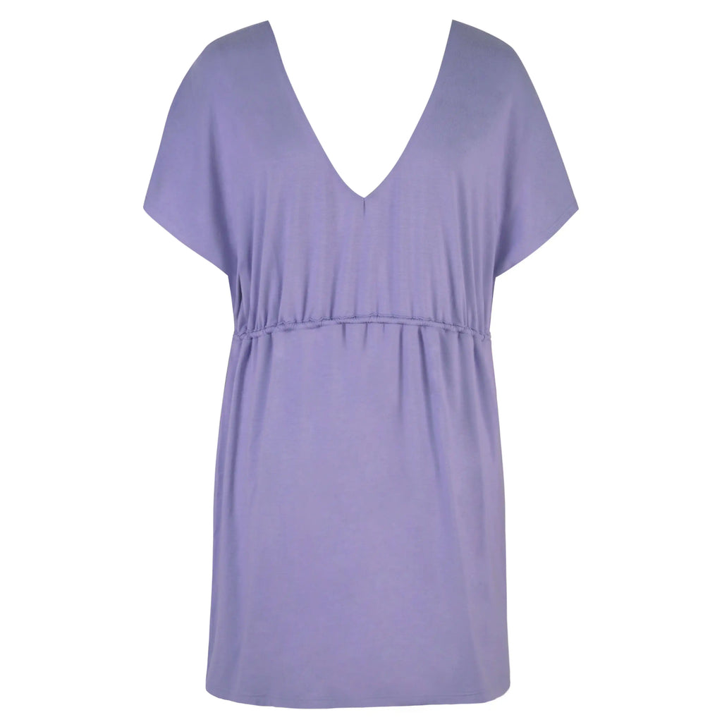 Purple V-neck short sleeve casual swim cover-up dress with gathered waist