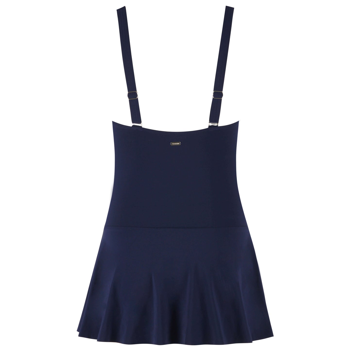 Miraculous Swim Dress in navy blue, featuring adjustable straps and a flared skirt for stylish swimwear.