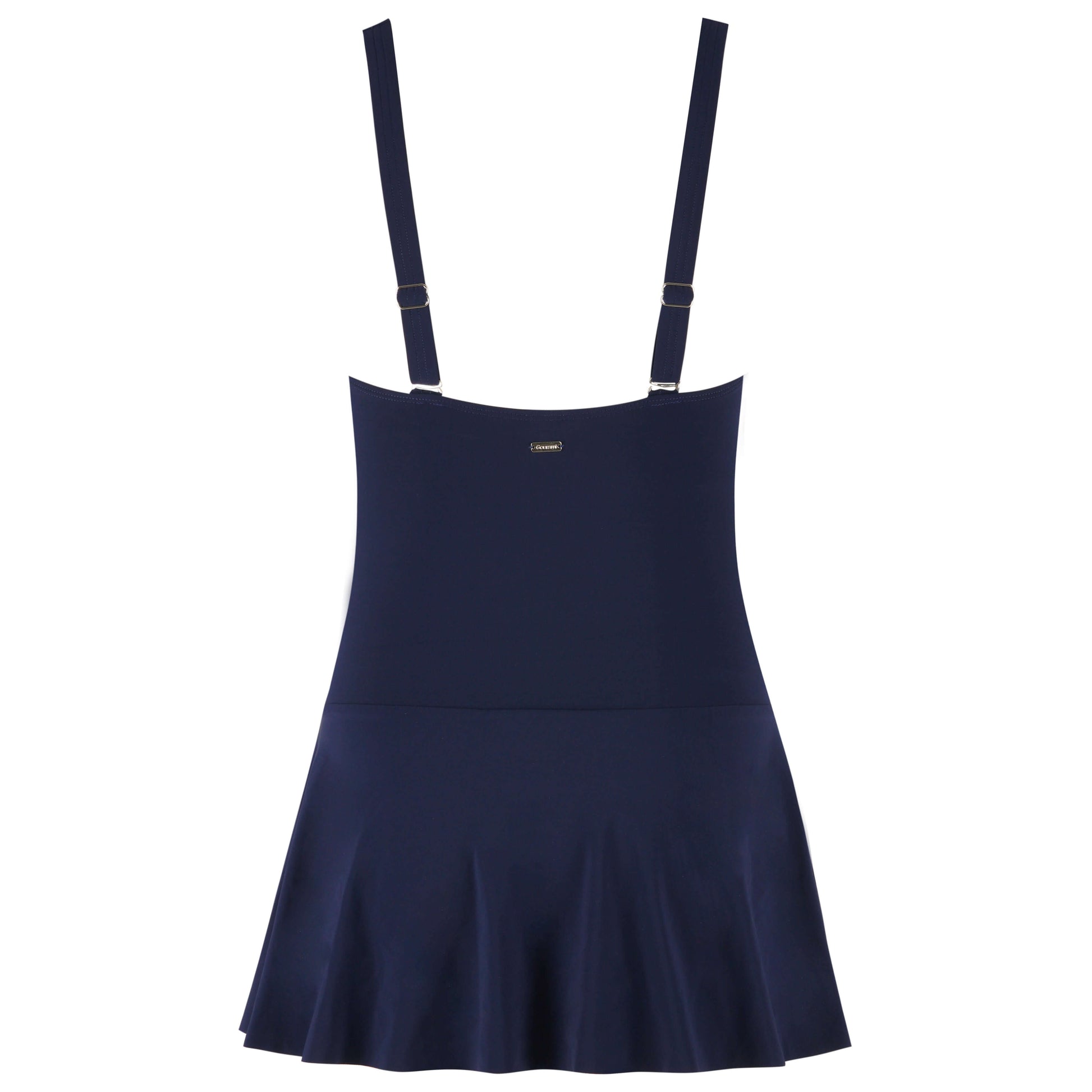 Miraculous Swim Dress in navy blue, featuring adjustable straps and a flared skirt for stylish swimwear.