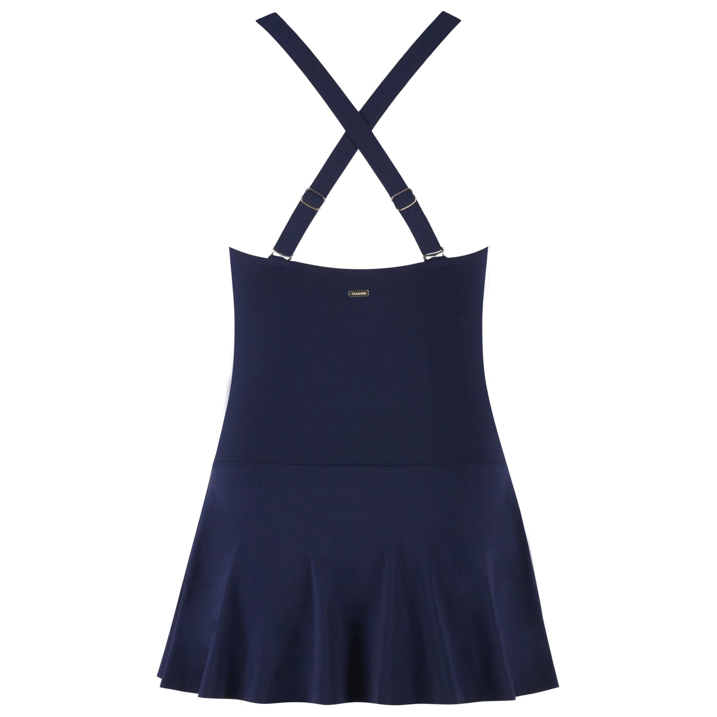 Back view of a navy blue Miraculous Swim Dress with stylish cross-back straps and flared skirt.