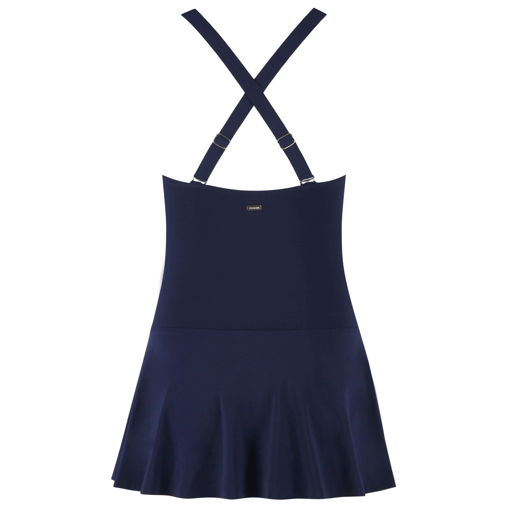 Back view of a navy blue Miraculous Swim Dress with stylish cross-back straps and flared skirt.