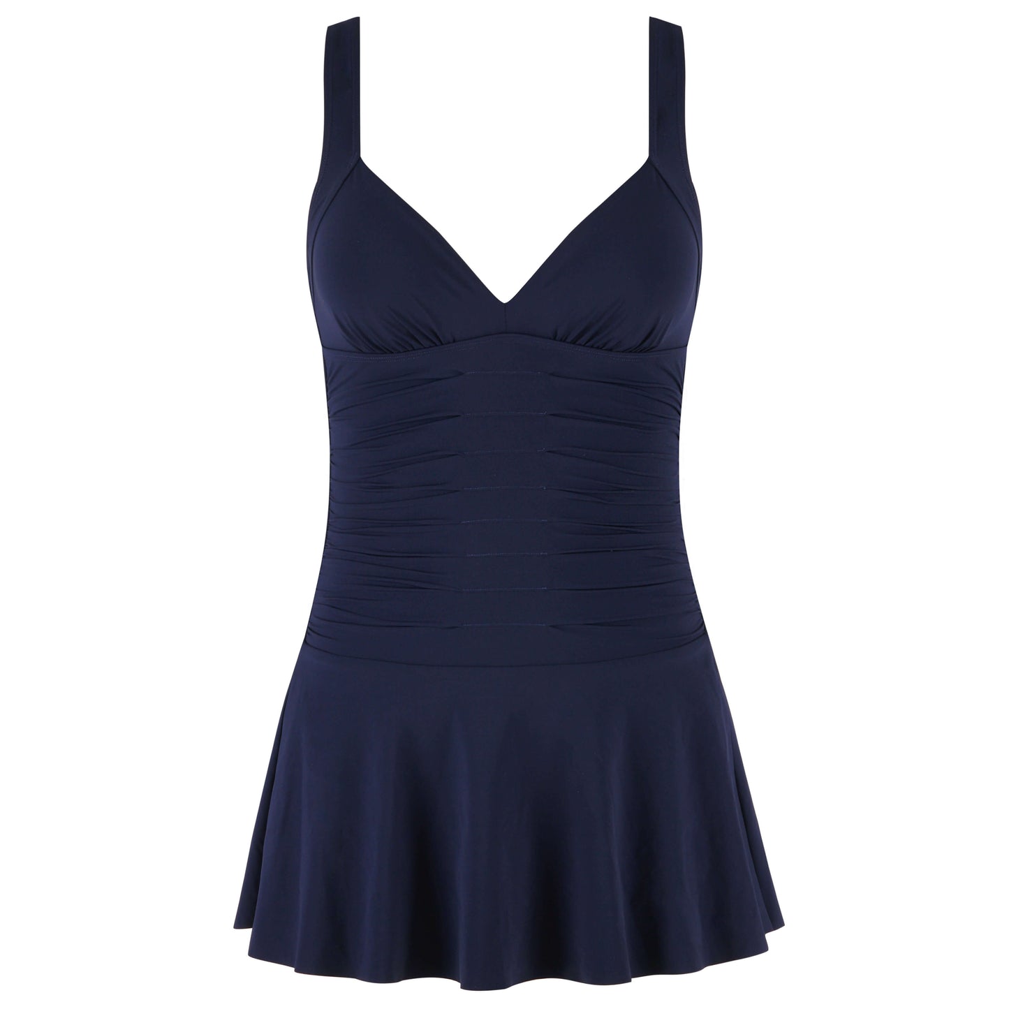 Miraculous Swim Dress in navy blue, featuring a flattering fit with a flared skirt and summery style, perfect for pool days.