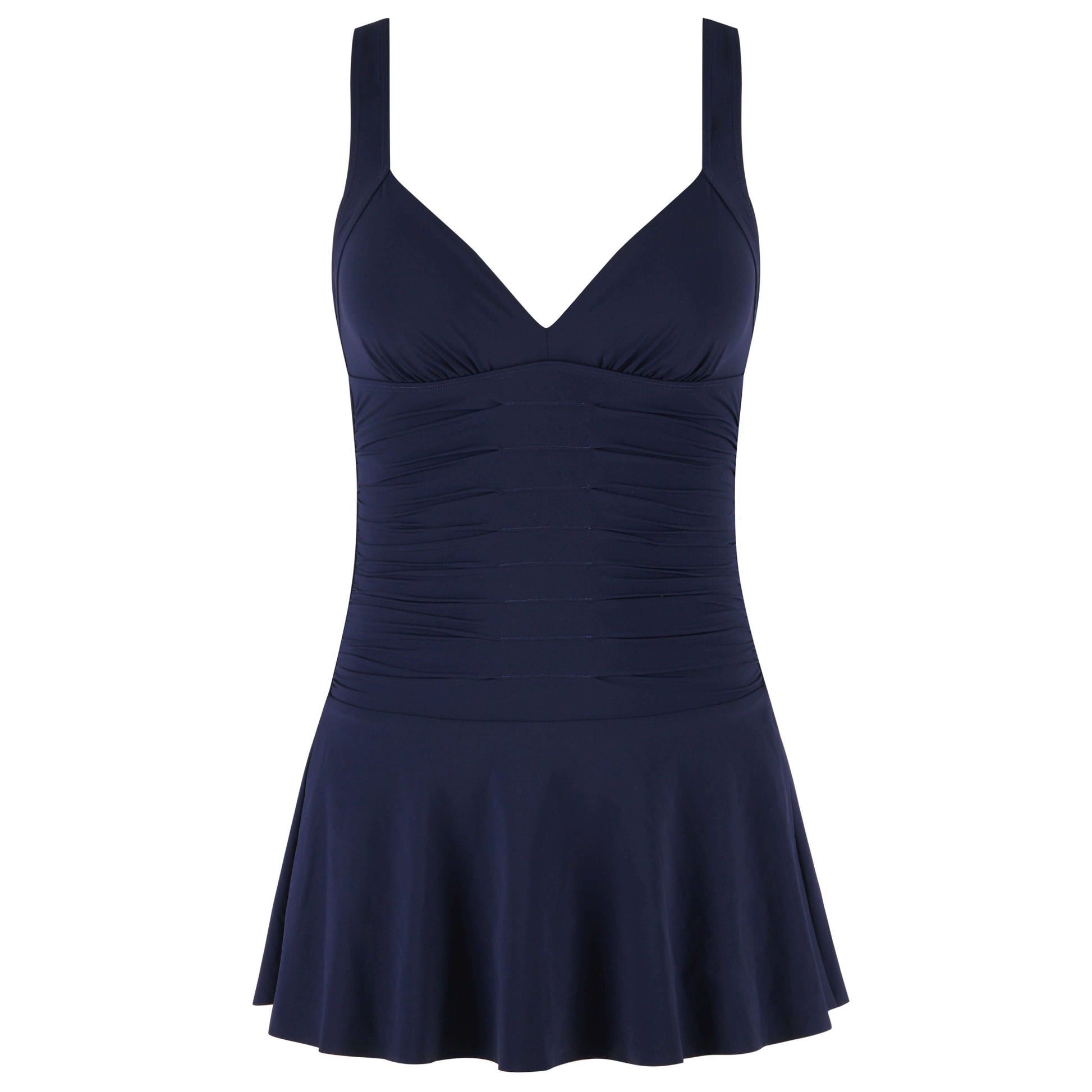 Miraculous Swim Dress in navy blue, featuring a flattering fit with a flared skirt and summery style, perfect for pool days.