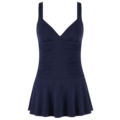 Miraculous Swim Dress in navy blue, featuring a flattering fit with a flared skirt and summery style, perfect for pool days.