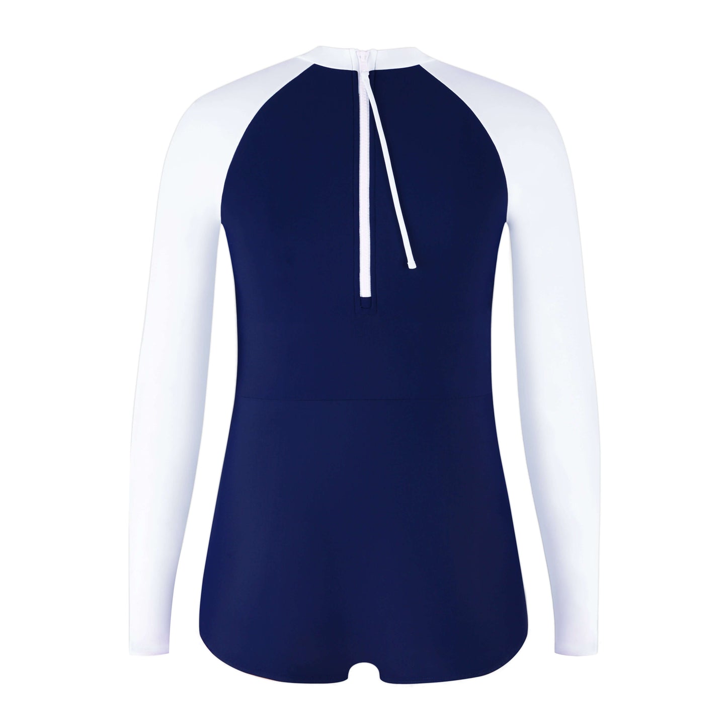 Back view of Meteor Long Sleeve Swimsuit in navy and white, designed for comfort and style in water activities.