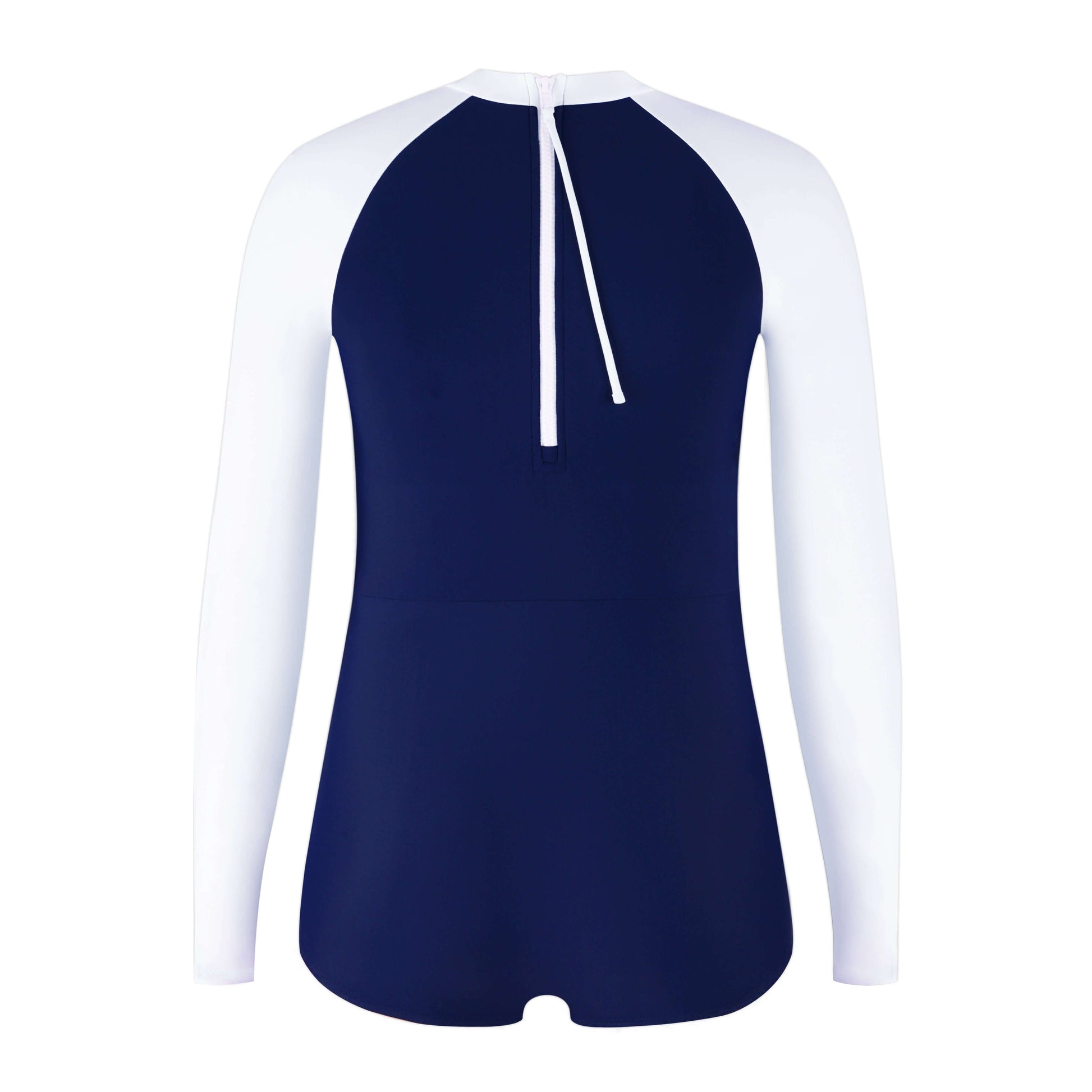 Back view of Meteor Long Sleeve Swimsuit in navy and white, designed for comfort and style in water activities.