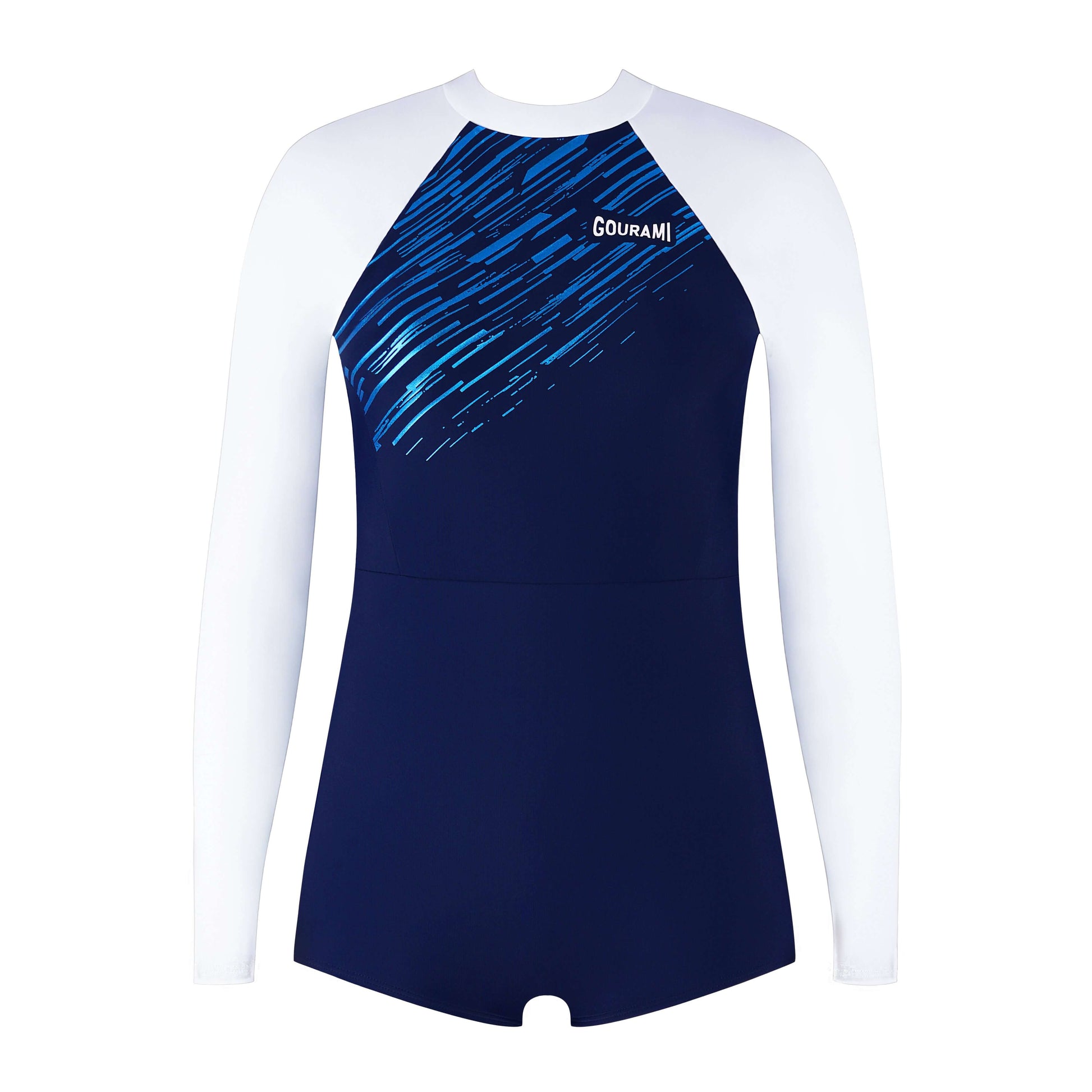 Meteor Long Sleeve Swimsuit in navy blue with water-themed design, perfect for water sports and beach activities.