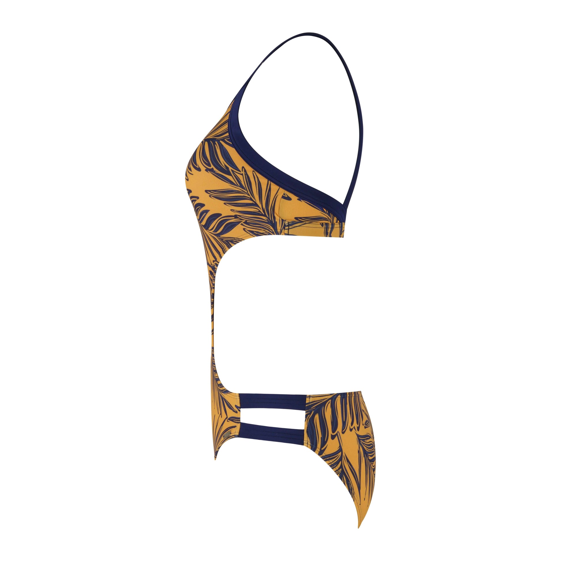 Boheme Monokini in mustard with tropical leaf print, featuring a stylish cut and elegant design for beachwear.