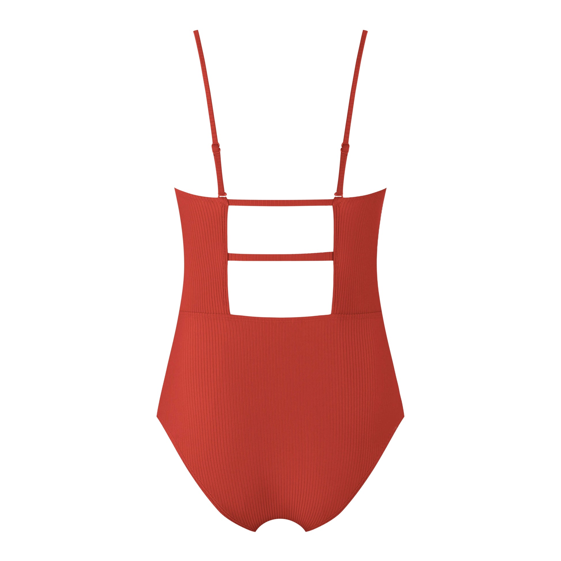 Back view of a stylish red Beachside Swimsuit featuring adjustable straps and a modern cut-out design.