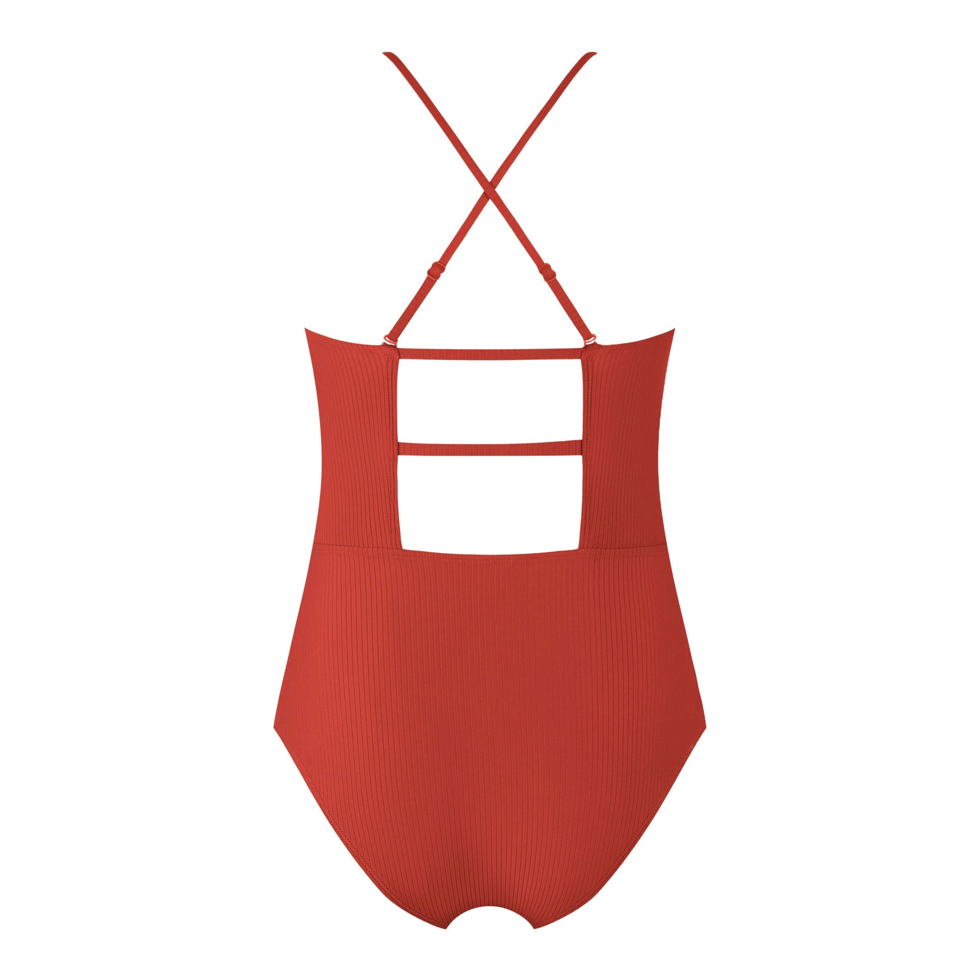 Stylish red Beachside swimsuit featuring a trendy back design with crisscross straps.