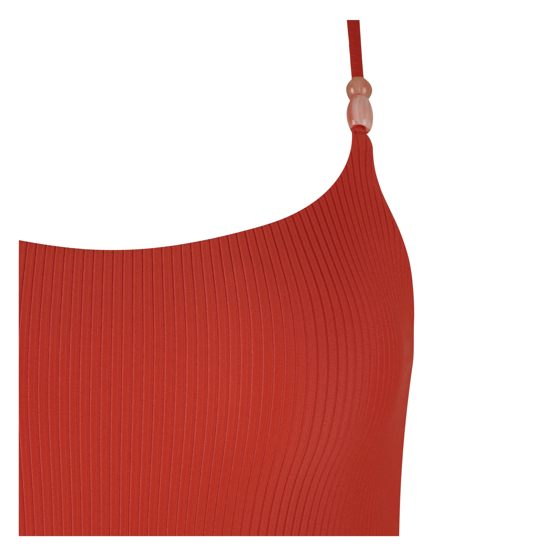 Close-up of a beachside swimsuit top in red ribbed fabric, featuring stylish adjustable straps.