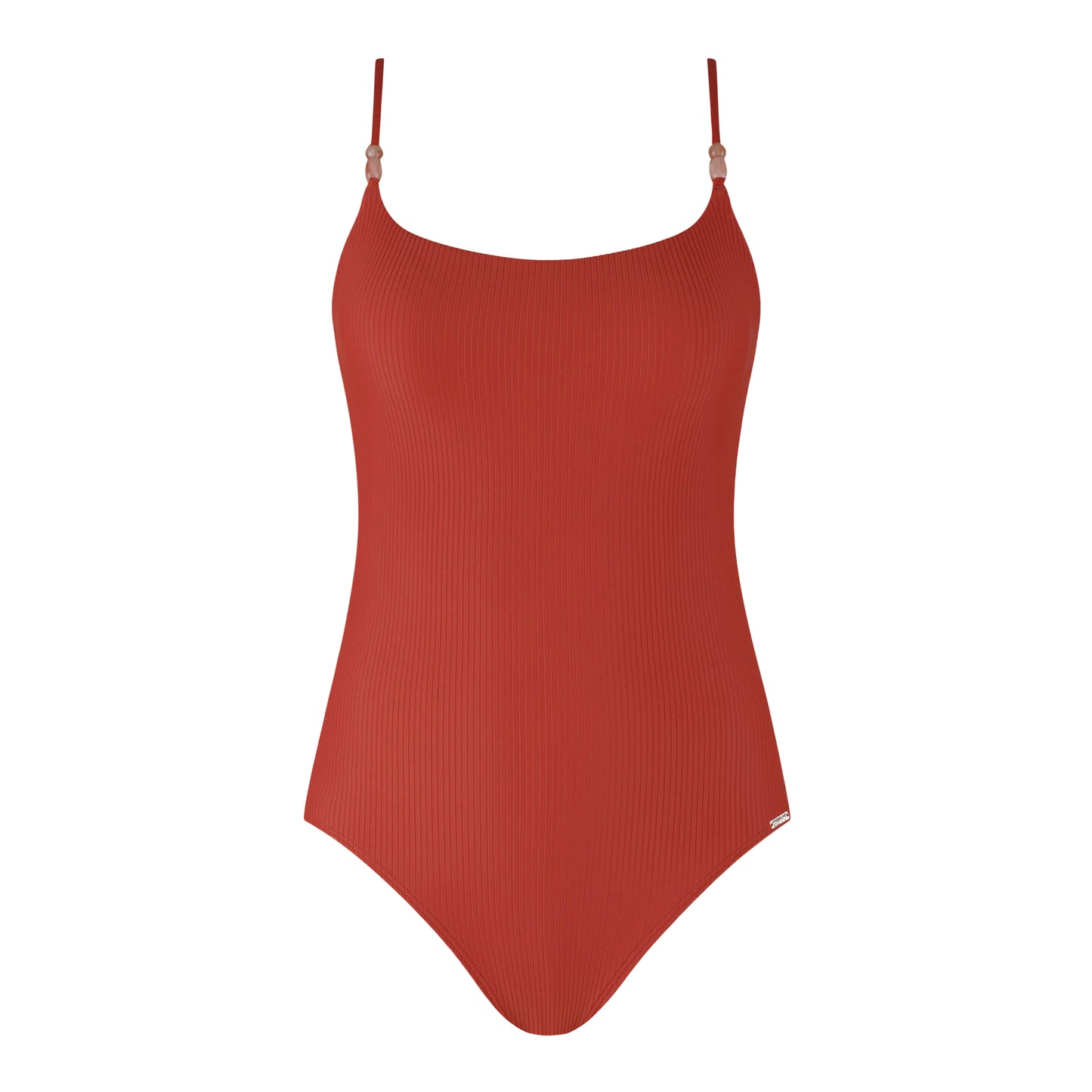 Stylish beachside swimsuit in rust color, featuring thin straps and ribbed texture for a flattering fit.